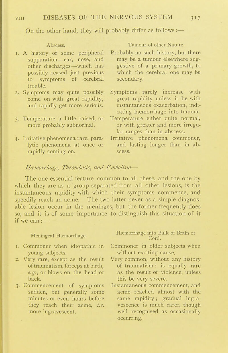 On the other hand, they will probably differ as follows:— Abscess. 1. A history of some peripheral suppuration—ear, nose, and other discharges—which has possibly ceased just previous to symptoms of cerebral trouble. 2. Symptoms may quite possibly come on with great rapidity, and rapidly get more serious. 3. Temperature a little raised, or more probably subnormal. 4. Irritative phenomena rare, para- lytic phenomena at once or rapidly coming on. Tumour of other Nature. Probably no such history, but there may be a tumour elsewhere sug- gestive of a primary growth, to which the cerebral one may be secondary. Symptoms rarely increase with great rapidity unless it be with instantaneous exacerbation, indi- cating haemorrhage into tumour. Temperature either quite normal, or with greater and more irregu- lar ranges than in abscess. Irritative phenomena commoner, and lasting longer than in ab- scess. Hemorrhage, Thrombosis, and Embolism— The one essential feature common to all these, and the one by which they are as a group separated from all other lesions, is the instantaneous rapidity with which their symptoms commence, and speedily reach an acme. The two latter never as a simple diagnos- able lesion occur in the meninges, but the former frequently does so, and it is of some importance to distinguish this situation of it if we can :— Meningeal Hcemorrhage. 1. Commoner when idiopathic in young subjects. 2. Very rare, except as the result of traumatism, forceps at birth, e.g., or blows on the head or back. 3. Commencement of symptoms sudden, but generally some minutes or even hours before they reach their acme, i.e. more ingravescent. Hemorrhage into Bulk of Brain or Cord. Commoner in older subjects when without exciting cause. Very common, without any history of traumatism: is equally rare as the result of violence, unless this be very severe. Instantaneous commencement, and acme reached almost with the same rapidity; gradual ingra- vescence is much rarer, though well recognised as occasionally occurring.