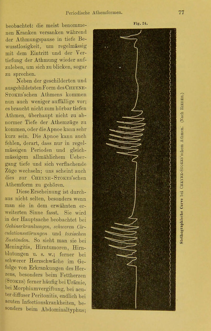 beobachtet: die meist benoninie- nen Kranken versanken während der Athmungspause in tiefe Be- wusstlosigkeit, um regelmässig mit dem Eintritt und der Ver- tiefung der Athmung wieder auf- zuleben, um sich zu blicken, sogar zu sprechen. Neben der geschilderten und ausgebildetsten Form des Cheyne- STOKEs'schen Athmens kommen nun auch weniger auffällige vor; es braucht nicht zum hörbar tiefen Athmen, überhaupt nicht zu ab- normer Tiefe der Athemzüge zu kommen, oder die Apnoe kann sehr kurz sein. Die Apnoe kann auch fehlen, derart, dass nur in regel- mässigen Perioden und gleich- massigem allmählichem Ueber- gang tiefe und sich verflachende Züge wechseln; uns scheint auch dies zur Cheyne - STOKEs'schen Athemform zu gehören. Diese Erscheinung ist durch- aus nicht selten, besonders wenn man sie in dem erwähnten er- weiterten Sinne fasst. Sie wird in der Hauptsache beobachtet bei Gehinerkranlamgen, schweren Oir- culationsstönmgen und toxischen Zuständen. So sieht man sie bei Meningitis, Hirntumoren, Hirn- blutungen u. s. w.; ferner bei schwerer Herzschwäche im Ge- folge von Erkrankungen des Her- zens, besonders beim Fettherzen (Stokes) ferner häufig bei Urämie, bei Morphiumvergiftung, bei acu- ter diffuser Peritonitis, endlich bei acuten Infectionskrankheiten, be- sonders beim Abdominaltyphus; Fig. 24.