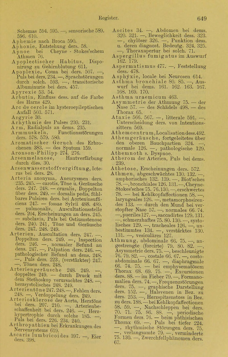 Schemas 594. 595. —, sensorische 589. 596. 610. Apheniie nach Broca 590. Aphonie, Entstehung ders. 58. Apnoe bei Cheyne - Stokes'schem Athnien 76. Apoplectischer Habitus, Dispo- nirung zu Gehiniblutung 611. Apoplexie, Coina bei ders. 507. —, Puls bei ders. 234. —, Sprachstörungen durch solch. 593. —, transitorische Albuminurie bei ders. 457. Apyrexie 53. 54. Arbutin, Einfluss dess. auf die Farbe des Harns 429. Are d-e cercle im hysteroepileptischen Anfall 503. 571. Argyrie 30. Arhythmie des Pulses 230. 231. Arm, Radialpuls an dems. 235. Armmuskeln, Functionsstörungen ders. 578. 579. 580. Aromatischer Geruch des Erbro- chenen 383. — des Sputum 159. Aronson-Philipp 274. 276. Arsenmelanose, Hautverfärbung durch dies. 30. Arsenwa ss er st off Vergiftung, Icte- rus bei ders. 28. Arteria anonyma, Aneurysmen ders. 235. 245. — carotis, Töne u. Geräusche ders. 247. 248. — cruralis, Doppelton über ders. 249. — dorsalis pedis, fühl- bares Pulsiren ders. bei Aorteninsuffi- cienz 247. — fossae Sylvii 488. 489. — pulmonalis, Auscultationsstelle ders. 204, Erscheinungen an ders. 245. — subclavia, Puls bei Ostiumstenose ders. 240. 241, Töne und Geräusche ders. 247. 248. 249. Arterien, Auscultation ders. 247. —, Doppelton ders. 249. —, Inspection ders. 246. —, normaler Befund an dens. 247. —, Palpation ders. 246. —, pathologischer Befund an dens. 248. —, Puls ders. 223, (verstärkter) 247. —, Tönen ders. 248. Arteriengeräusche 248. 249. — doppeltes 249. — durch Druck mit dem Stethoskop verursachtes 248. — herzsystolisches 248. 249. Arterientöne 247. 248.—, Fehlen ders. 248. —, Verdoppelung ders. 249. Arteriosklerose der Aorta, Herztöne bei ders. 207. 210. —, Arterienbe- schattenheit bei ders. 246. —, Herz- hynertrophie durch solche 185. — Puls bei ders. 226. 234. 240. Arthropathien bei Erkrankungen des Nervensystems 619. Ascaris luuibricoides 397. — Eier ders. 398. Ascites 34. —, Abdomen bei dems. 320. 321. —, Beweglichkeit dess. 323. —, chylöser 326. —, Punktion dess. u. deren diagnost. Bedeutg. 324. 325. —, Thoraxapertur bei solch. 71. Aspergillus fumigatus im Auswurf 162. 179. m Aspermatisnius 477. —, Feststellung dess. 478. Asphyxie, locale bei Neurosen 614. Asthma bronchiale 80. 85. —, Aus- wurf bei dems. 161. 162. 163. 167. 168. 169. 170. Asthma uraeinicuni 463. Asymmetrie der Athmung 75. — der Nase 57. — des Schädels 498. — des Thorax 65. ' Ataxie 566. 567. —, litterale 591. —, Unterscheidung ders. von Intentions- zittern 569. Athemcentrum, Localisation dess.492. Athenigeräusche, fortgeleitetes über den oberen Bauchpartien 324. —, normale 126. —, pathologische 129. Athemnoth s. Dyspnoe. Atherom der Arterien, Puls bei dems. 239. Athetose, Erscheinungen ders. 572. Athmen, abgeschwächtes 130. 132. —, amphorisches 132. 139. —, Biot'sches 78.—, bronchiales 126.131.—,Cheyne- Stokes'sches 75. 76,130.—erschwertes 78. — bei Kehlkopfaffectionen 58. —, laryngeales 126. —, metamorphosiren- des 133. — durch den Mund bei ver- stopfter Nase 57. —, normales 66. 74. —, pueriles 127. —, saccadirtes 129.131. —, schmerzhaftes 75. 80.130. —, systo- lisches 129. —, tracheales 126. — un- bestimmtes 134. —, verstärktes 130. 131. —, vesiculäres 127. Athmung, abdominale 66. 75. —, an- gestrengte (forcirte) 79. 80. 82. —, Asymmetrie ders. 75. —, beschleunigte 76. 79. 82. —, costale 66. 67. — costo- abdoniinale 66. 67. —, diaphragmale 66. 74. 75. — bei emphysematösem Thorax 68. 69. 75. —, Excursionen ders. 88. — im Fieber 79. —, Formano- malien ders. 74.—, Frequenzstörungen ders. 75. —, graphische Darstellung ders. 152. —, Halsvenen in Bez. zu ders. 253. —, Herzspitzenstoss in Bez. zu ders. 188.—bei Kehlkopfaffectionen 58. 59. —, Nachschleppen bei ders. 70. 71. 75. 86. 88. —, periodische Formen ders. 76. — beim phthisischen Thorax 69. —, Puls bei tiefer 224. —, rhythmische Störungen ders. 75. —, verlangsamte 79.—, verminderte 75. 130. —, Zwerchfellphänomen ders.