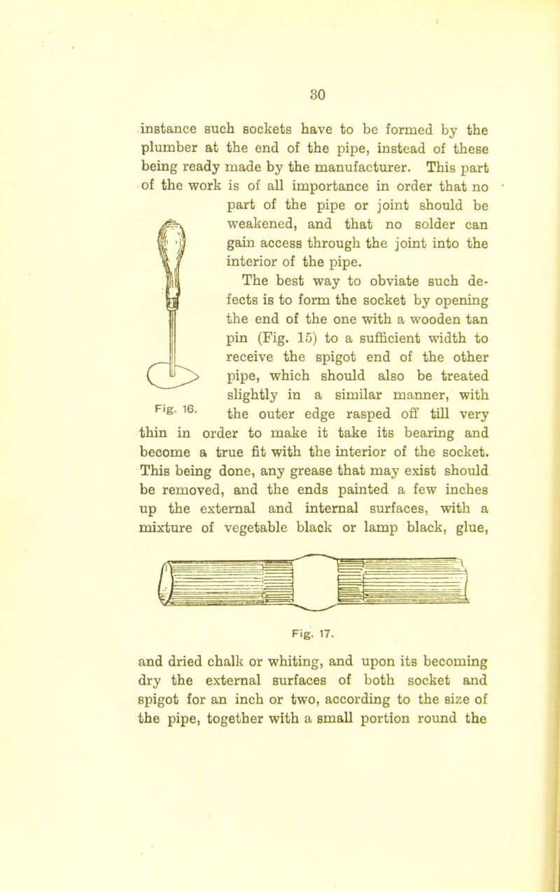 instance such sockets have to be formed by the plumber at the end of the pipe, instead of these being ready made by the manufacturer. This part of the work is of all importance in order that no part of the pipe or joint should be weakened, and that no solder can gain access through the joint into the interior of the pipe. The best way to obviate such de- fects is to form the socket by opening the end of the one with a wooden tan pin (Fig. 15) to a sufficient width to receive the spigot end of the other pipe, which should also be treated slightly in a similar manner, with the outer edge rasped off till very thin in order to make it take its bearing and become a true fit with the interior of the socket. This being done, any grease that may exist should be removed, and the ends painted a few inches up the external and internal surfaces, with a mixture of vegetable black or lamp black, glue, Fig. 17. and dried chalk or whiting, and upon its becoming dry the external surfaces of both socket and spigot for an inch or two, according to the size of the pipe, together with a small portion round the