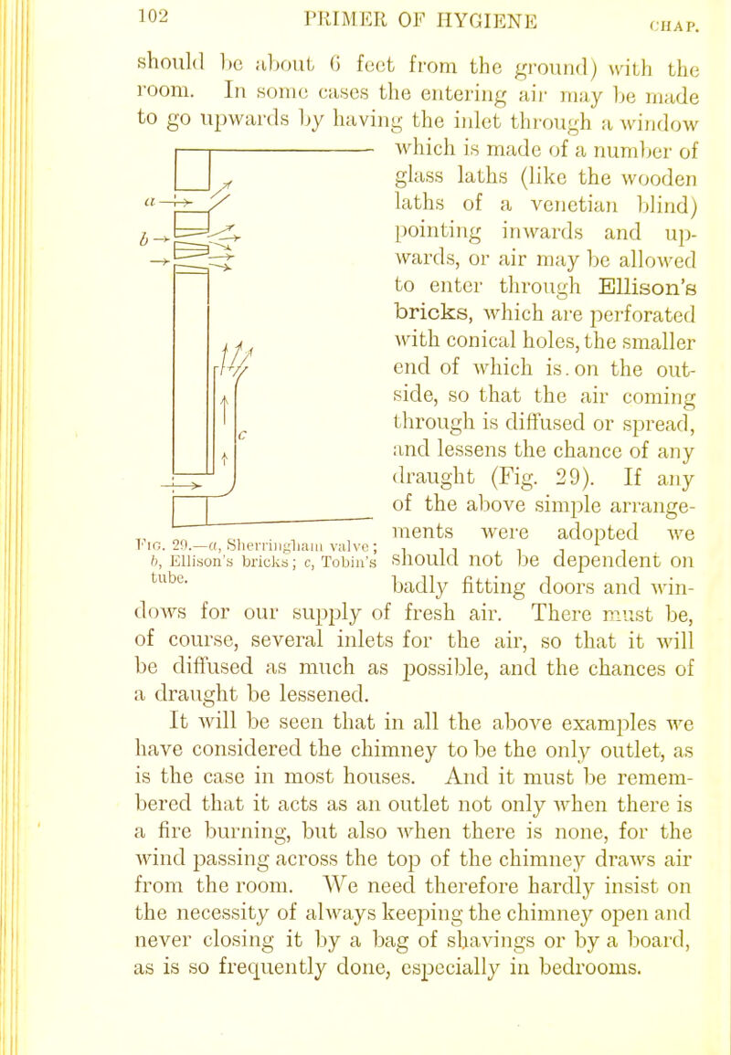 CHAP. should be about 6 feet from the ground) with the room. In some cases the entering air may be made to go upwards by having the inlet through' a window which is made of a number of glass laths (like the wooden laths of a Venetian blind) pointing inwards and up- wards, or air may be allowed to enter through Ellison's bricks, which are perforated with conical holes, the smaller end of which is. on the out- i 7 side, so that the air coming through is diffused or spread, and lessens the chance of any draught (Fig. 29). If any of the above simple arrange- ments were adopted Ave Fig. 29.—a, Shemngliaiu valve; , ■. , , 1 , b, Ellison's bricks; c, Tobin's should not be dependent on tube badly fitting doors and win- dows for our supply of fresh air. There must be, of course, several inlets for the air, so that it will be diffused as much as possible, and the chances of a draught be lessened. It will be seen that in all the above examples we have considered the chimney to be the only outlet, as is the case in most houses. And it must be remem- bered that it acts as an outlet not only when there is a fire burning, but also when there is none, for the wind passing across the top of the chimney draws air from the room. We need therefore hardly insist on the necessity of always keeping the chimney open and never closing it by a bag of shavings or by a board, as is so frequently done, especially in bedrooms.