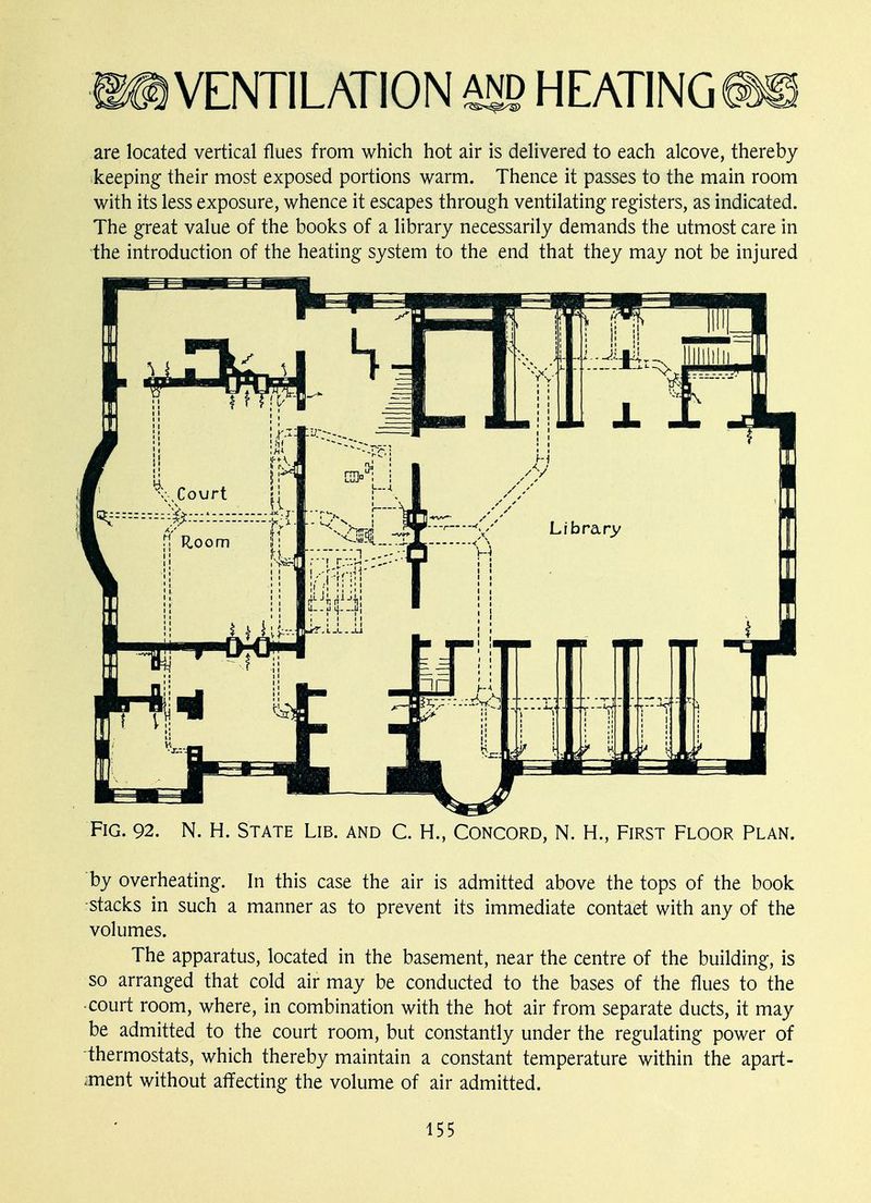 are located vertical flues from which hot air is delivered to each alcove, thereby keeping their most exposed portions warm. Thence it passes to the main room with its less exposure, whence it escapes through ventilating registers, as indicated. The great value of the books of a library necessarily demands the utmost care in the introduction of the heating system to the end that they may not be injured Fig. 92. N. H. State Lib. and C. H., Concord, N. H., First Floor Plan. by overheating. In this case the air is admitted above the tops of the book stacks in such a manner as to prevent its immediate contact with any of the volumes. The apparatus, located in the basement, near the centre of the building, is so arranged that cold air may be conducted to the bases of the flues to the court room, where, in combination with the hot air from separate ducts, it may be admitted to the court room, but constantly under the regulating power of thermostats, which thereby maintain a constant temperature within the apart- ment without affecting the volume of air admitted.
