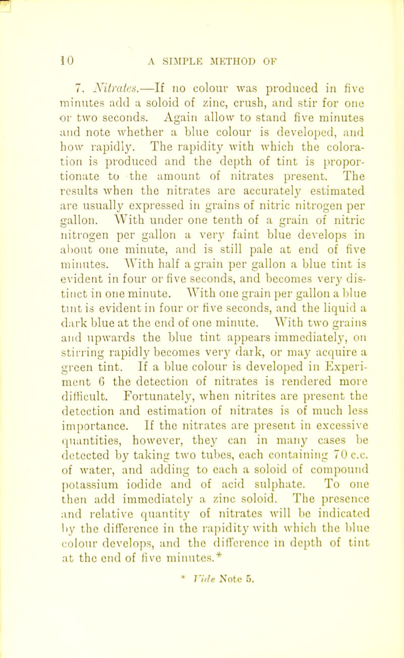 7. Nitrates.—If no colour was produced in five minutes add a soloid of zinc, crush, and stir for one or two seconds. Again allow to stand five minutes and note whether a blue colour is developed, and how rapidly. The rapidity with which the colora- tion is produced and the depth of tint is propor- tionate to the amount of nitrates present. The results when the nitrates arc accurate)}' estimated are usually expressed in grains of nitric nitrogen per gallon. With under one tenth of a grain of nitric nitrogen per gallon a very faint blue develops in about one minute, and is still pale at end of five minutes. AVith half a grain per gallon a blue tint is evident in four or five seconds, and becomes verj' dis- tinct in one minute. With one grain per gallon a lilue tint is evident in four or five seconds, and the liquid a dark blue at the end of one minute. With two grains and upwards the blue tint appears immediately, on stirring rapidly becomes very dark, or may accjuire a green tint. If a blue colour is developed in Experi- ment 6 the detection of nitrates is rendered more difficult. Fortunately, when nitrites are present the detection and estimation of nitrates is of much less importance. If the nitrates are present in excessive quantities, however, they can in manj' cases be detected by taking two tubes, each containing TOc.c. of water, and adding to each a soloid of compound potassium iodide and of acid sulphate. To one then add immediately a zinc soloid. The presence and relative quantity of nitrates will be indicated by the difference in the rapidit}' with which the blue colour develops, and the dilTorence in depth of tint at the end of live miiuites.* Tide Note 5.