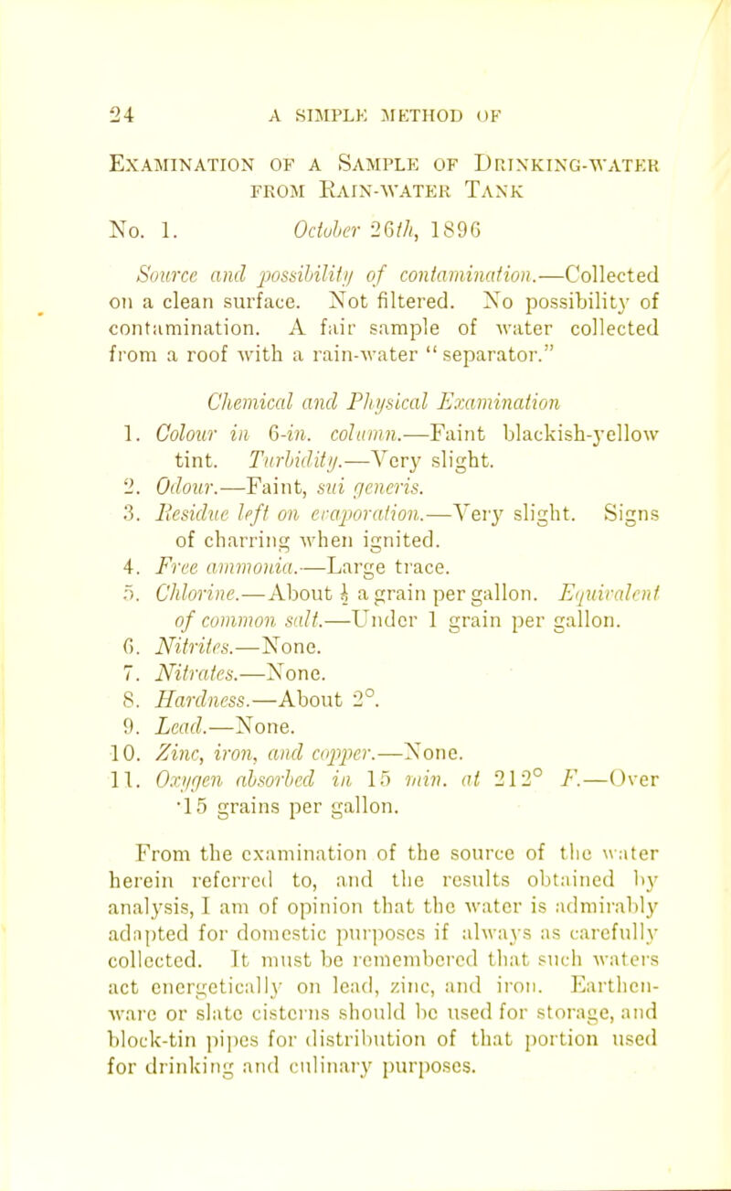 EXAmNATION OF A SAMPLE OF DPJXKING-WATKK FROM EaIN-AVATER TaNK No. 1. Oduler 26^/(, 1896 Source and possibilUj/ of contamination.—Collected on a clean sui'face. Not filtered. No possibility of contamination. A fair sample of water collected from a roof with a rain-water separator. Chemical and PJii/sical Eoiamination 1. Coloiir in 6-in. coUnnn.—Faint blackish-j'ellow tint. Turhiditij.—Very slight. 2. Odour.—Faint, siii generis. 3. liesichie left on erarporation.—Very slight. Signs of charring when ignited. 4. Free ammonia.—Large trace. f). Chlorine.—About i a grain per gallon. Equiralcni of common salt.—Under 1 grain per gallon. C). Nitrites.—None. 7. Nitrates.—None. • 8. Hardness.—About 2°. 9. Lead.—None. 10. Zinc, iron, and copper.—None. 11. Oxijgen absorbed in 15 rain, at 212° —Over •15 grains per gallon. From the examination of the source of the wnter herein referred to, and the results obtained hy analysis, I am of opinion tliat the water is admirably adnpted for dotncstic purposes if always as carefully collected. It must be remembered that such waters act energeticalIj- on le:ul, zinc, and iron. Earthen- ware or slate cisterns .should be used for storage, and block-tin pipes for distribution of that portion used for drinking and culinary purposes. . ■