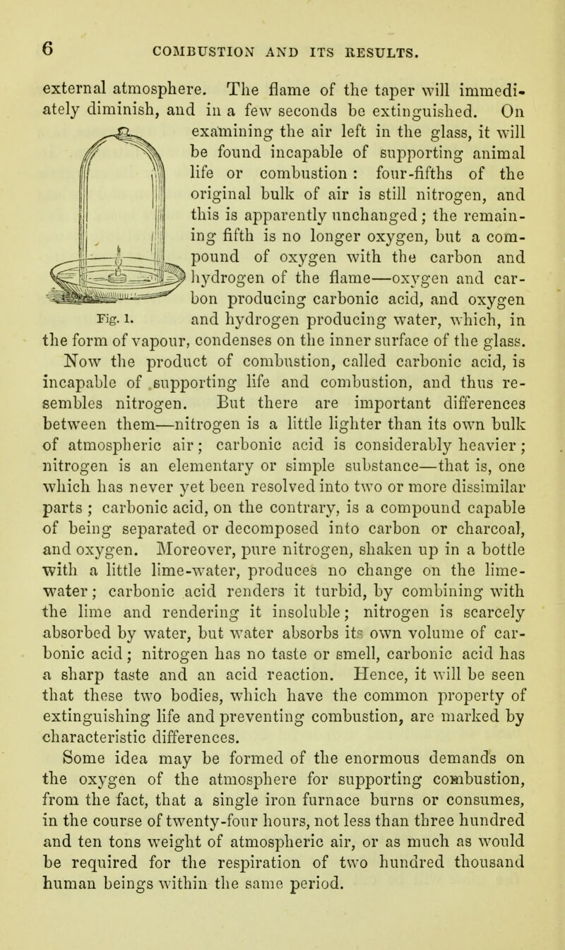 external atmosphere. The flame of the taper will immedi- ately diminish, and in a few seconds be extinguished. On examining the air left in the glass, it will be found incapable of supporting animal life or combustion: four-fifths of the original bulk of air is still nitrogen, and this is apparently unchanged; the remain- ing fifth is no longer oxygen, but a com- pound of oxygen with, the carbon and hydrogen of the flame—oxygen and car- bon producing carbonic acid, and oxygen rig. 1. and hydrogen producing water, which, in the form of vapour, condenses on the inner surface of the glass. Now the product of combustion, called carbonic acid, is incapable of supporting life and combustion, and thus re- sembles nitrogen. But there are important differences between them—nitrogen is a little lighter than its own bulk of atmospheric air; carbonic acid is considerably heavier; nitrogen is an elementary or simple substance—that is, one which has never yet been resolved into two or more dissimilar parts ; carbonic acid, on the contrary, is a compound capable of being separated or decomposed into carbon or charcoal, and oxygen. Moreover, pure nitrogen, shaken up in a bottle with a little lime-water, produces no change on the lime- water ; carbonic acid renders it turbid, by combining with. the lime and rendering it insoluble; nitrogen is scarcely absorbed by water, but water absorbs it?, own volume of car- bonic acid; nitrogen has no taste or smell, carbonic acid has a sharp taste and an acid reaction. Hence, it will be seen that these two bodies, which have the common property of extinguishing hfe and preventing combustion, are marked by characteristic differences. Some idea may be formed of the enormous demands on the oxygen of the atmosphere for supporting combustion, from the fact, that a single iron furnace burns or consumes, in the course of twenty-four hours, not less than three hundred and ten tons weight of atmospheric air, or as much as would be required for the respiration of two hundred thousand human beings within the same period.