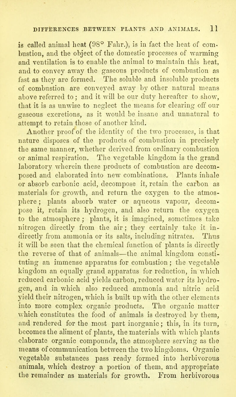 is called animal heat (98^ Fahr.), is in fact the heat of com. Inistion, and the object of the domestic processes of warming and ventilation is to enable the animal to maintain this heat, and to convey away the gaseous products of combustion as fast as they are formed. The soluble and insoluble products of combustion are conveyed avray by other natural means above referred to ; and it will be our duty hereafter to show, that it is as unwise to neglect the means for clearing off our gaseous excretions, as it would be insane and unnatural to attempt to retain those of anotlicr kind. Another proof of the identity of the two processes, is that nature disposes of the ]n-oducts of combustion in precisely the same manner, whether derived from ordinary combustion or animal respiration. The vegetable kingdom is the grand laboratory wherein these products of combustion are decom- posed and elaborated into new combinations. Plants inhale or absorb carbonic acid, decompose it, retain the carbon as materials for growth, and return the oxygen to the atmos- phere ; plants absorb water or aqueous vapour, decom- pose it, retain its hydrogen, and also return tlie oxygen to the atmosphere ; plants, it is imagined, sometimes take nitrogen directly from the air; they certainly take it in- directly from ammonia or its salts, including nitrates. Thus it will be seen that the chemical function of plants is directly the reverse of that of animals—the animal kingdom consti- tuting an immense apparatus for combustion; the vegetable kingdom an equally grand apparatus for reduction, in which reduced carbonic acid yields carbon, reduced water its hydro- gen, and in which also reduced ammonia and nitric acid yield their nitrogen, which is built up with the other elements into more complex organic products. The organic matter which constitutes the food of animals is destroyed by them, and rendered for the most part inorganic; this, in its turn, becomes the aliment of plants, the materials with which plants elaborate organic compounds, the atmosphere serving as the means of communication between the two kingdoms. Organic vegetable substances pass ready formed into herbivorous animals, which destroy a portion of them, and appropriate the remainder as materials for growth. From herbivorous