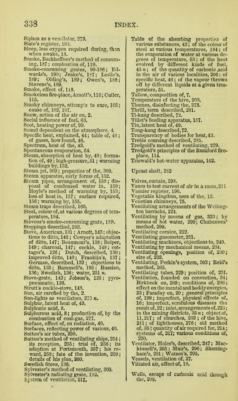 Siphon as a vent ilator, 279. Slate's register, 190. Sleep, less oxj'-gen required during, than ■when awake, 18. Smoke, Bacldioffner's method of consum- ing, 187; combustion of, 119. Smoke-consuming grates, 99-186; Ed- wards's, 190; Jeake's, 187; Leslie's, 189; Olding's, 189; Owen's, 188; Stevens's, 189. Smoke, effect of, US. Smokeless fire-place, Arnott's, 116; Cutler, 115. Smoky chimneys, attempts to cure, 10-5; cause of, 102, 107. Snow, action of the air on, 2. Social influence of fuel, 63. Soot, heating power of, 99. Sound dependent on the atmosphere. 4. Specific heat, explained, 44; table of, 46 ; of gases, how found, 46. Spectrum, heat of the, 43. Spontaneous evaporation, 54. Steam, absorption of heat by, 49; forma- tion of, 49 ; high-pressure, 51; warming huildings by, 152. Steam jet, 309; properties of the, 309. Steam apparatus, early forms of, 152. Steam pipes, aiTangement of, 158; dis- posal of condensed water in, 159; Hoyle's method of warming by, 153; loss of heat in, 157; surface required, 156; warming hy, 155. Steam traps described, 160. Steel, colour of, at various degrees of tem- perature, 184. Stevens's smoke-consuming grate, 189. Stoppings described, 283. Stove, American, 131; Amott, 143; objec- tions to ditto, 146 ; Cowper's adaptation of ditto, 147; Beaumont's, 138; Belper, 149; charcoal, 147; cockle, 148; cot- tager's, 126; Dutch, described, 130; improved ditto, 140; Franklin's, 137 ; German, described, 132 ; objections to ditto, 135; Rammell's, 195; Russian, 136; Swedish, 136; water, 251 ?i. Stove-grate, 142; Jobson's, 126; pyro- pneunaatic, 126. Strutt's cockle-stove, 143. Sun, air rarefied by the, 2. Sun-lights as ventilators, 273 n. Sulphur, latent heat of, 49. Sulphuric acid, 8. Sulphurous acid, 8; production of, by the combustion of coal-gas, 277. Surface, effect of, on radiation, 40. Surfaces, reflecting power of various, 40. Sutton's air tubes, 250. Sutton's method of ventilating ships, 254 ; its reception, 255; trial of, 256; its adoption at Portsmouth, 257; his re- ward, 258; fate of the invention, 259; details of his plan, 260. Swedish Stove, 136. Sylvester's method of ventilating, 300. Sylvester's radiating grate, 192, System of ventilation, 217. Table of the absorbing properties of various substances, 42; of the colour of steel at various temperatures, 184; of the evaporation of water at various de- grees of temperature, 53; of the heat evolved by different kinds of fuel, 45 n; of the quantity of carbonic .acid in the air of various localities, 206 • of specific heat, 46; of the vapour thrown off by different liquids at a given tem- perature, 51. Tallow, composition of, 7. Temperature of the hive, 203. Thames, disinfecting the, 278. Tin-ill, term described, 281. Ti-kang described, 72. Tillet's feeding apparatus, 187. Tin, latent heat of, 49. Tong-kang described, 72. Transparency of bodies for heat, 43. Treble coiu'sing described, 285. Tredgold's method of ventilating, 279. Tredgold's principles of the Rumf ord fii-e- place, 114. Triewald's hot-water apparatus, 162. Upcast shaft, 282 Valves, curtain, 298. Vanes to test current of air in a room, 211 Vasnier register, 190. Vegetable kingdom, uses of the, 12. Venetian cMmneys, 75. Ventilating arrangements of the Welling- ton barracks, 224. Ventilating by means of gas, 323; by means of hot water, 299; Chabannes' method, 299. Ventilating cornice, 222. Ventilating gasometer, 251. Ventilating machines, objections to, 240. Ventilating by mechanical means, 234. Ventilating openings, position of, 230; size of, 232. Ventilating, Perkin's system, 303; Reid's method, 265. Ventilating tubes, 229; position of, 231. Ventilation, founded on convection, 31; Birkbeck on, 269; conditions of, 206; effect on the mental and bodily energies, 23; Faraday on, 20 ; general principles of, 199 ; imperfect, phiJ^sical effects of, 16; imperfect, scrofulous diseases the result of, 22; inlet, arrangements of, 223; in the mining districts, 35 n; object of, 11,217; of churches, 232 ; of the hive, 211; of lighthouses, 276; old method of, 35 ■; quantity of air required for, 214; systems of, 217; various conditions of, 220. Ventilator, Hales's, described,'247; Mac- kinneU's, 295 ; Muir's, 296; Sherring- ham's, 291; Watson's, 295. Vessels, ventilation of, 27. Vitiated air, effect of, 18. Walls, escape of carbonic acid throuaU the, 208.