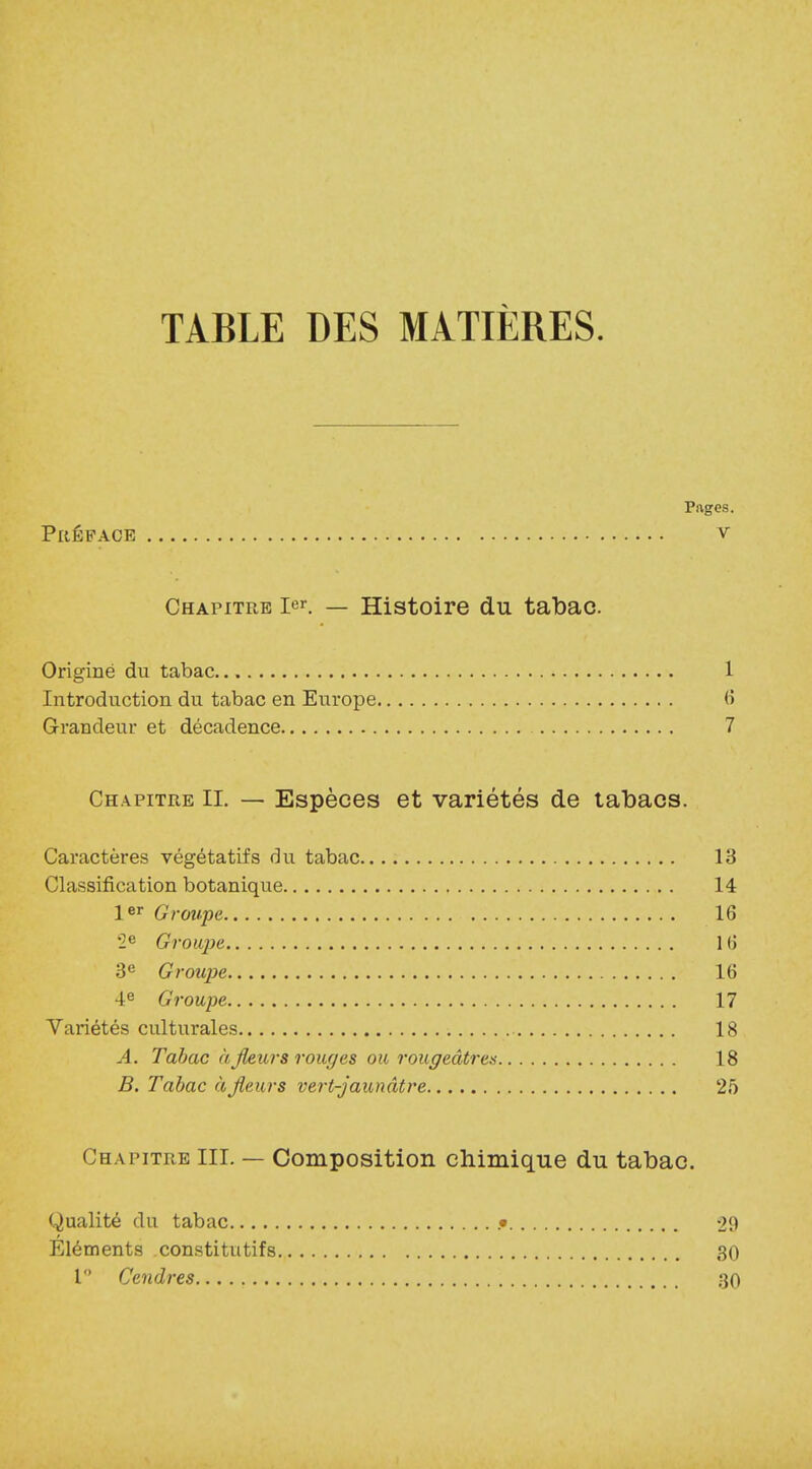 TABLE DES MATIÈRES. Pages. Préface v Chapitre I. — Histoire du tabac. Origine du tabac 1 Introduction du tabac en Europe 6 Grandeur et décadence 7 Chapitre IL — Espèces et variétés de tabacs. Caractères végétatifs du tabac 13 Classification botanique 14 1er Groupe 16 •2e Groupe 16 3e Groupe 16 4 e Groupe 17 Variétés culturales 18 A. Tabac à fleurs rouges ou rougeâtres 18 B. Tabac à fleurs vert-jaunâtre 25 Chapitre III. — Composition chimique du tabac. Qualité du tabac .• 29 Eléments constitutifs 30 1 Cendres 30