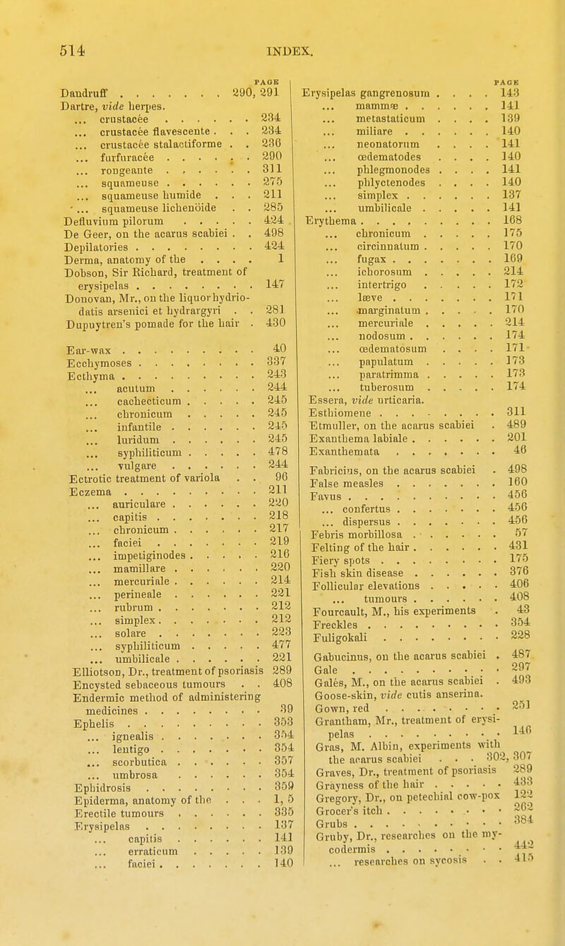 Dandruff 290,291 Dartre, vide herpes. ... crustacee 234 ... crustacee fiavescente . . . 234 ... crustacee stalactiforme . . 236 ... furfuracee ...... 290 ... rongeaute 311 ... squameuse 275 ... squameuse bumide . . . 211 ... squameuse lichenoide . . 285 Defluvium pilorum 424 De Geer, on the acarus scabiei . . 498 Depilatories . . . 424 Derma, anatomy of the .... 1 Dohson, Sir Richard, treatment of erysipelas 147 Donovan, Mr., on the liquorhydrio- datis arsenici et hydrargyri . . 281 Dupuytren's pomade for the hair . 430 Ear-wax Ecchymoses Ecthyma acutum cachecticum chronicum infantile luridum syphiliticum vulgare Ectrotic treatment of variola . . Eczema ... auriculare ... capitis chronicum ... faciei ... impetiginodes ... mamillare ... mercuriale ... periueale ... ruhrum ... simplex ... solare ... syphiliticum ... umbilicale ElliotsoD, Dr., treatment of psoriasis Encysted sebaceous tumours . . Endermic method of administering medicines Ephelis ... ignealis ... lentigo ... scorbutica ... umbrosa Ephidrosis Epiderma, anatomy of the . . . Erectile tumours Erysipelas capitis erraticum fociei 40 337 243 244 245 245 245 245 478 244 96 211 220 218 217 219 216 220 214 221 212 212 223 477 221 289 408 39 353 354 354 357 354 359 1,5 335 137 141 139 140 Erysipelas gangrenosum mammic . . metastaticum miliare . neonatorum oedematodes phlegmonodes phlyctenodes simplex . umbilicale . Erythema chronicum . circinnalum . fugax ichorosum intertrigo lasve ■marginatum . . . . mercuriale . . . . nodosum cedematosum . . . papulatum . . . . paratrimma . . . . tuberosum . . Essera, vide urticaria. Esthiomene Etmuller, on the acarus scabiei Exanthema labiale Exanthemata PACK 143 141 139 140 141 140 141 140 137 141 168 175 170 169 214 172 171 170 214 174 171 173 173 174 311 489 201 46 Fabricius, on the acarus scabiei False measles Favus ... confertus ... dispersus Febris morbillosa Felting of the hair Fiery spots Fish skin disease Follicular elevations tumours Fourcault, M., his experiments Freckles Fuligokali Gabucinus, on the acarus scabiei . Gale Gales, M., on the acarus scabiei . Goose-skin, vide cutis anserina. Gown, red . . ... ■ • • Grantham, Mr., treatment of erysi- pelas Gras, M. Albiu, experiments with the acarus scabiei . . • 302 Graves, Dr., treatment of psoriasis Grayuess of the hair Gregory, Dr., on petechial cow-pox Grocer's itch .• • • Grubs Gruby, Dr., researches on the my- codermis . • • • ... researches on sycosis . . 498 160 456 456 456 57 431 175 376 406 408 43 354 228 487 297 493 251 146 ,307 289 433 122 262 384 442 4i:.