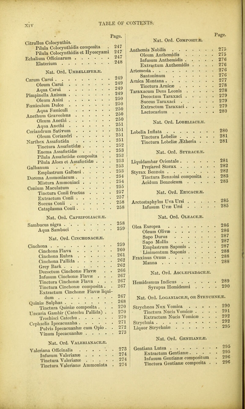 Page. Citrullus Colocynthis. Pilula Colocynthidis composita . 247 Pilula Colocynthidis et Hyoscyami 247 Ecbalium Officinarum 247 Elaterium 248 Nat. Ord. Umbellifer^e. Carum Carui Oleum Carui Aqua Carui Pimpinella Anisum Oleum Anisi ■ Fceniculum Dulce Aqua Foeniculi .... Anethum Graveolens .... Oleum Anethi Aqua Anethi . . • • • Coriandrum Sativum .... Oleum Coriandri .... Narthex Assafoetida .... Tinctura Assafoetidse . . • Enema Assafoetida? . . . Pilula Assafoetida? composita Pilula Aloes et Assafoetidse . Galbanum Emplastrum Galbani . . . Dorema Ammoniacum .... Mistura Ammoniaci . . . Conium Maculatum .... Tinctura Conii fructus . . Extractum Conii .... Succus Conii Cataplasma Conii .... Nat. Ord. Composites. Page. Nat. Ord. Caprifoliace.33. Sambucus nigra . ' Aqua Sambuci Nat. Ord. Cwchonaceje. Cinchona Cinchona Flava Cinchona Rubra Cinchona Pallida Grey Bark Decoctum Cinchona? Flava? . . Infusum Cinchona? Flava? . . . Tinctura Cinchona? Flava . . . Tinctura Cinchona? composita . . Extractum Cinchona? Flava? liqui- dum Quinia? Sulphas Tinctura Quinia? composita . . . Uncaria Gambir (Catechu Pallida) . , Trochisci Catechu ■ Cephaelis Ipecacuanha Pulvis Ipecacuanha? cum Opio . , Vinum Ipecacuanha? .... Nat. Ord. Valerianace^e. Valeriana Officinalis . . . • '• • 273 Infusum Valeriana? 274 Tinctura Valeriana? 274 Tinctura Valeriana? Ammoniata . 274 249 249 249 249 250 250 250 250 250 251 251 251 251 252 253 253 253 253 253 254 254 255 257 257 258 258 258 259 259 260 261 262 262 266 267 267 267 267 268 270 270 270 271 272 273 Anthemis Nobilis 275 Oleum Anthemidis 275 Infusum Anthemidis 276 Extractum Anthemidis . . . . 276 Artemesia 276 Santoninum 276 Arnica Montana 277 Tinctura Arnica? 278 Taraxacum Dens Leonis 278 Decoctum Taraxaci 279 Succus Taraxaci . . ... 279 Extractum Taraxaci 279 Lactucarium 280 Nat. Ord. Lobeliace.ze . Lobelia Inflata 280 Tinctura Lobelia? 281 Tinctura Lobelia? JEtheria . . . 281 Nat. Ord. Styrace^e. Liquidambar Orientale 281 Prepared Storax 282 Styrax Benzoin 282 Tinctura Benzoini composita . . 283 Acidum Benzoicum 283 Nat. Ord. Ertcaceje. Arctostaphylos Uva Ursi 285 Infusum Uva? Ursi 285 Nat. Ord. Oleaceje. Olea Europea 286 Oleum Oliva? 286 Sapo Durus 287 Sapo Mollis 287 Emplastrum Saponis 287 Linimentum Saponis 288 Fraxinus Ornus 288 Manna 288 Nat. Ord. Asclepiadace^e. Hemidesmus Indicus 289 Syrupus Hemidesmi . . . . 290 Nat. Ord. Loganiaceje, or Strychneje. Strychnos Nux Vomica .... Tinctura Nucis Vomica? . . . Extractum Nucis Vomicae . . Strychnia 292 Liquor Strychnia? 295 290 291 292 Nat. Ord. Gentiane^e. Gentiana Lutea Extractum Gentiana?. . . . Infasum Gentiana? composUum Tinctura Gentiana? composita . 295 295 296 296