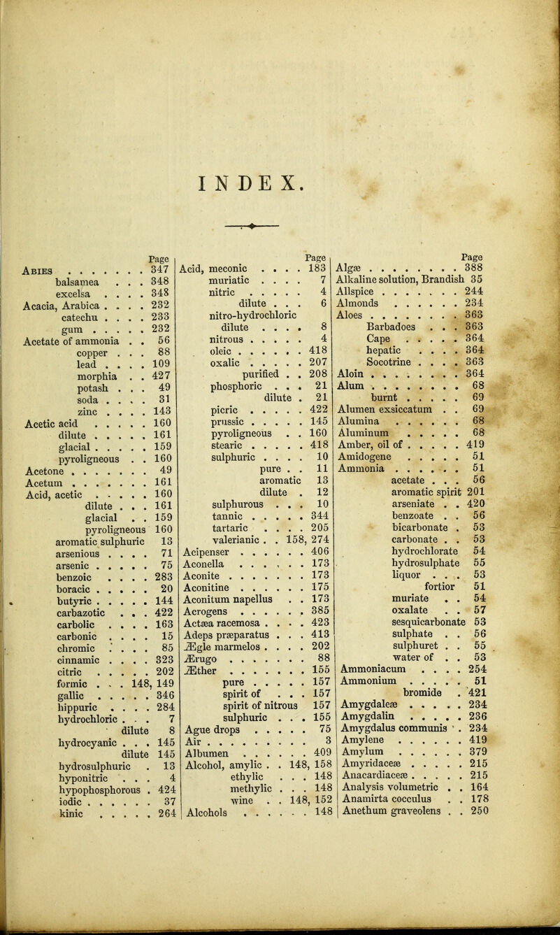 INDEX. Abies balsamea excelsa . . Acacia, Arabica . . catechu . . gum . . . Acetate of ammonia copper . lead . . morphia potash . soda . . Page 347 348 348 232 233 232 56 . 109 . 427 . 49 . 31 zinc .... 143 Acetic acid 160 dilute 161 glacial 159 pyroligneous . . 160 Acetone 49 Acetum 161 Acid, acetic 160 dilate ... 161 glacial . . 159 pyroligneous 160 aromatic sulphuric 13 arsenious .... 71 arsenic 75 benzoic .... 283 boracic 20 butyric 144 carbazotic ... 422 carbolic . . . . 163 carbonic .... 15 chromic .... 85 cinnamic . . . . 323 citric 202 formic . , . 148, 149 gallic 346 hippuric . . . .284 hydrochloric ... 7 hydrocyanic hydrosulphuric hyponitric hypophosphorous iodic . . kinic dilute 8 . 145 dilute 145 Acid, meconic muriatic nitric . . dilute 13 4 424 37 264 Page 183 7 4 6 Page nit ro-hy dr ochloric dilute .... 8 nitrous 4 oleic 418 oxalic 207 purified . .208 phosphoric ... 21 dilute . 21 picric 422 prussic 145 pyroligneous . .160 stearic 418 sulphuric .... 10 pure . . 11 aromatic 13 dilute . 12 sulphurous ... 10 tannic 344 tartaric .... 205 valerianic . . 158, 274 Acipenser 406 Aconella ...... 173 Aconite 173 Aconitine 175 Aconitum napellus . . 173 Acrogens 385 Actaea racemosa .... 423 Adeps prseparatus . . . 413 iEgle marmelos .... 202 iErugo 88 .Ether 155 pure 157 spirit of . . . 157 spirit of nitrous 157 sulphuric . . . 155 Ague drops 75 Air 3 Albumen 409 Alcohol, amylic . . 148, 158 ethylic ... 148 methylic . . . 148 wine . . 148, 152 Alcohols 148 Alkaline solution, Brandish 35 Allspice ....... 244 Almonds 234 Aloes 363 Barbadoes ... 363 Cape 364 hepatic . . . .364 Socotrine . . . .363 Aloin 364 Alum 68 burnt ..... 69 Alumen exsiccatum . . 69 Alumina 68 Aluminum 68 Amber, oil of 419 Amidogene 51 Ammonia ...... 51 acetate ... 56 aromatic spirit 201 arseniate . .420 benzoate . . 56 bicarbonate . 53 carbonate . . 53 hydrochlorate 54 hydrosulphate 55 liquor ... 53 fortior 51 muriate . . 54 oxalate . . 57 sesquicarbonate 53 sulphate . . 56 sulphuret . . 55 water of . . 53 Ammoniacum . . . . 254 Ammonium 51 bromide . 421 Amygdalese 234 Amygdalin 236 Amygdalus communis ' . 234 Amylene 419 Amylum 379 Amyridaceaa 215 Anacardiacese 215 Analysis volumetric . . 164 Anamirta cocculus . . 178 Anethum graveolens . . 250