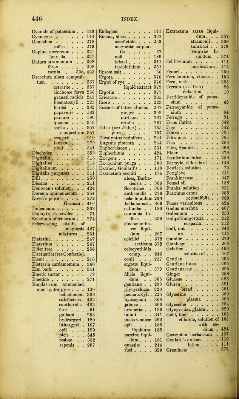 Cyanide of potassium . . 423 171 144 367 278 assafcetidae . . . 253 coffee .... 279 magnesias sulpha- Daphne mezereum . . . oZl D / laureola.... 391 Oil 1 1 8Q Datura stramonium . . 308 Q 1 1 oil ferox . . . . . 308 terebintbinae . . 351 tatula . . 308, 423 66 Decoctum aloes composi- 376 367 376 cetraria? . . . 387 liquid extract 37Q o / y cinchonas flava 266 Oil granati radicis 245 nop ZOO hasmatoxyli . 225 993 Llo hordei . . . 382 Essence of bitter almond 237 papaveris . . 182 ginger . . . 3^0 pareirae . . . 180 mirbane, . . lo i quercus . . . 343 ratafia . . . •. sarsae .... 357 joiner (^see ^Hitnerj . . . 1.00 compositum 357 pure 1 10 / , scoparii . . . 219 Eucalyptus resinifera . . 9U. taraxaci. . . 279 Eugenia pimenta . . . 244 ulmi .... 341 331 352 424 313 171 314 Exogonium purga . . . 300 313 Extract, Goulard s . . . 110 Digitalis purpurea . . . 311 Ex tract um aconiti . . . 174 250 aloes, Barba- 211 densis . . 366 Donovan's solution . . . 424 Socotrinas . 366 Dorema ammoniacum . 254 anthemidis . 276 Dover's powder .... 272 belae liquidum 203 German . 416 belladonnas . 306 302 calumbae . . 180 Dupuytren's powder . . 74 cannabis In- Ecbalium officinarum . . 274 dices . . 339 Effervescing citrate of cinchonas ha- magnesia 427 vas liqui- mixtures . 201 dum . . 267 247 colchici . . 372 247 aceticum 372 258 colocynthidis Electuaries (see Confectio). comp. . . 246 216 conii . . . 257 Elettaria cardamomum . 360 ergotas liqui- 341 dum . . 379 79 filicis liqui- 271 dum . . 385 Emplastrum ammoniaci gentianas . . 295 cum hydrargyro . . . 120 glycyrrhizas. 220 belladonnas. 306 hasmatoxyli . 225 calefaciens . 402 hyoscyami . 303 cantharidis 402 jalapas. . . 300 ferri . . . 91 kramerias. . 196 galbani . . 253 lupuli . . . 341 bydrargyri. 120 nucis vomica? 292 litbargyri . 107 opii .... 188 opii . . . 190 liquidum 188 picis . , . resinas . . 348 352 pareirae liqui- dum . . . 181 saponis . . 287 quassias . . rhei .... 214 320 Extract um sarsas liqui- dum. . . 357 stramonii. . 309 taraxaci . .279 veratrias li- quidum . 374 Fel bovinum 414 purificatum . 414 Fennel 250 Fermentation, vinous . . 152 Fern, male 385 Ferrum (see Iron) ... 88 redactum ... 19 Ferridcyanide of potas- sium 45 Ferrocyanide of potas- sium 44 Ferrugo 91 Ficus Carica 342 Figs 342 Filices 385 Filixmas 385 Flax 206 Flies, Spanish 398 Flour 379 Fceniculum dulce . . . 256 Forrayle, chloride of . . 148 Fowler's solution ... 75 Foxglove 311 Frankincense 347 Fouseloil 158 Franks' solution . . . . 231 Fraxinus ornus .... 288 rotundifolia . . 289 Fucus vesiculosus . . .424 Gadus morrhua .... 407 Galbanum 253 Galipaea angostura . . . 212 cusparia. . . . 212 GaU, nut ...... 343 ox 414 Gambir 270 Gamboge 204 Gelatine 406 solution of . . . 407 Gentian 295 Gentiana lutea .... 295 Gentianacese 295 Ginger 358 Glucose 383 Gluten 381 bread 381 Glycerine 389 plasma ... 389 Glycocine 284 Glycyrrhiza glabra . . . 220 Gold, fine 105 chloride, solution of 105 with so- dium . 424 Gossypium herbaceUm . 197 Goulard's extract . . . 110 lotion . ... HI Gramineas ...... 376