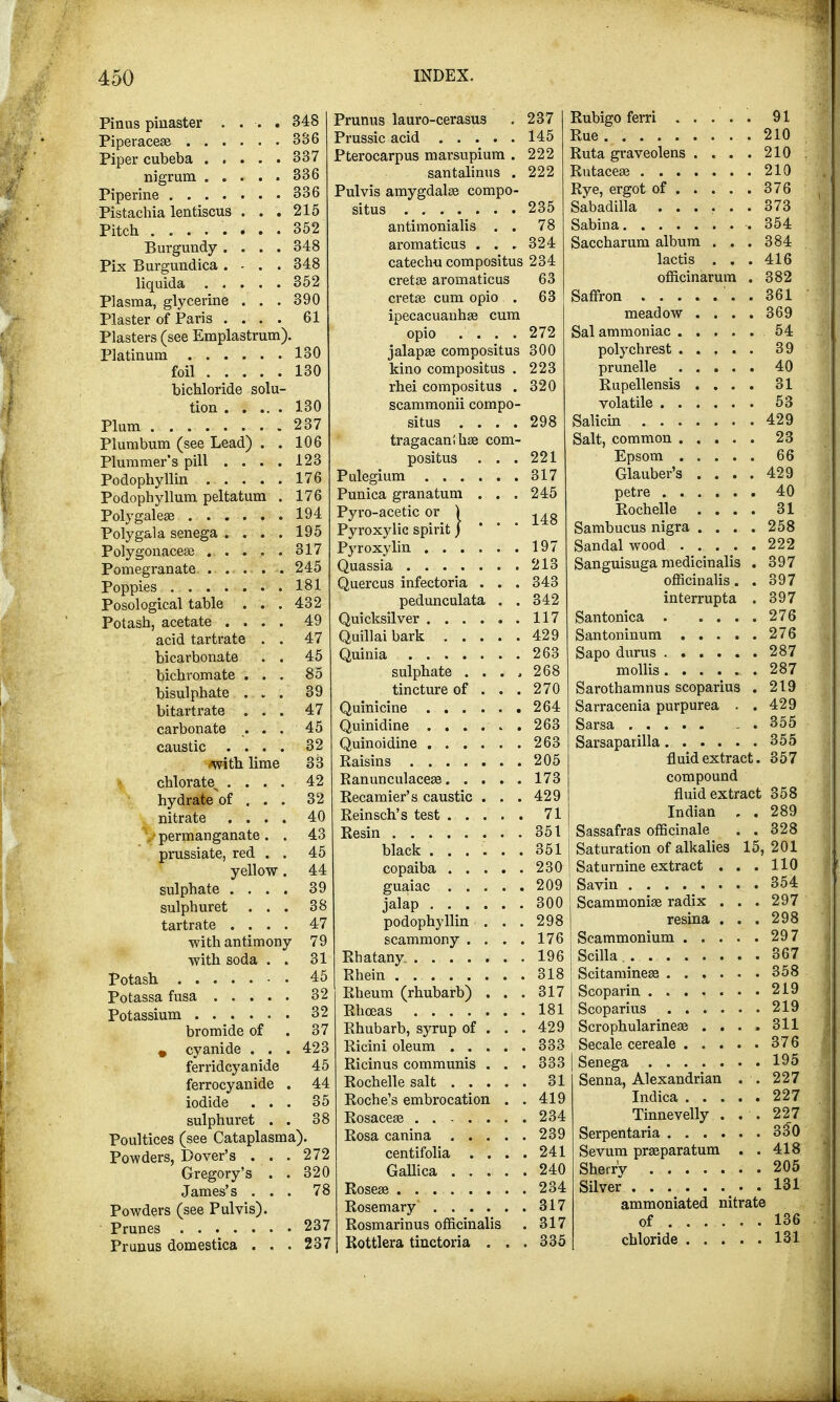 Pinus pinaster .... 348 Piperaceae 386 Piper cubeba 337 nigrum ..... 336 Piperine 336 Pistachia lentiscus . . . 215 Pitch ........ 352 Burgundy .... 348 Pix Burgundica. - . .348 liquida . . . . 352 Plasma, glycerine . . . 390 Plaster of Paris .... 61 Plasters (see Emplastrum). Platinum 130 foil 130 bichloride solu- tion 130 Plum 237 Plumbum (see Lead) . . 106 Plummer's pill .... 123 Podophyllin 176 Podophyllum peltatum . 176 Polygaleae ...... 194 Polygala senega . . . . 195 Polygonaceae 317 Pomegranate 245 Poppies 181 Posological table . . . 432 Potash, acetate .... 49 acid tartrate . . 47 bicarbonate . . 45 bichromate ... 85 bisulphate ... 39 bitartrate ... 47 carbonate ... 45 caustic .... 32 /with lime 33 chlorate^ .... 42 hydrateV ... 32 nitrate .... 40 permanganate. . 43 prussiate, red . . 45 yellow. 44 sulphate .... 39 sulphuret ... 38 tartrate .... 47 ■with antimony 79 with soda . . 31 Potash 45 Potassa fusa 32 Potassium 32 bromide of . 37 # cyanide . . .423 ferridcyanide 45 ferrocyanide . 44 iodide ... 35 sulphuret . . 38 Poultices (see Cataplasma). Powders, Dover's . . . 272 Gregory's . . 320 James's ... 78 Powders (see Pulvis). Prunes 237 Prunus domestica . . . 237 Prunus lauro-cerasus Prussic acid Pterocarpus marsupium . santalinus . Pulvis amygdalae compo- situs antimonialis . . aromaticus . . . catechu compositus cretse aromaticus cretse cum opio . ipecacuanha? cum opio .... jalapa? compositus kino compositus . rhei compositus . scammonii compo- situs .... tragacanihae com- positus . . . Pulegium Punica granatum . . . Pyro-acetic or ) Pyroxylic spirit)  Pyroxylin Quassia Quercus infectoria . . . pedunculata . . Quicksilver Quillai bark Quinia sulphate . . . , tincture of . . . Quinicine Quinidine ...... Quinoidine Raisins Ranunculaceae Recamier's caustic . . . Reinsch's test Resin black ...... copaiba guaiac jalap ...... podophyllin . . . scammony . . . . Rhatany. Rhein Rheum (rhubarb) . . . Rhceas Rhubarb, syrup of . . . Ricini oleum . . . . , Ricinus communis . . . Rochelle salt . . . . , Roche's embrocation . . Rosaceae , Rosa canina . . . . , centifolia . . . Gallica .... Roseae , Rosemary1 Rosmarinus officinalis Rottlera tinctoria . . 237 145 222 222 235 78 324 234 63 63 272 300 223 298 221 317 245 148 197 213 343 342 117 429 263 268 270 264 263 263 205 173 429 71 351 351 Rubigo ferri 91 Rue. 210 Ruta graveolens .... 210 Rutaceae 210 Rye, ergot of 376 Sabadilla ...... 373 Sabina .354 Saccharum album ... 384 lactis . . . 416 officinarum . 382 Saffron . 361 meadow .... 369 Sal ammoniac 54 polychrest 39 prunelle 40 Rupellensis .... 31 volatile 53 Salicin 429 Salt, common 23 Epsom 66 Glauber's .... 429 petre 40 Rochelle .... 31 Sambucus nigra .... 258 Sandalwood 222 Sanguisuga medicinalis . 397 officinalis. . 397 interrupta . 397 Santonica . .... 276 Santoninum 276 Sapo durus 287 mollis .287 Sarothamnus scoparius . 219 Sarracenia purpurea . . 429 Sarsa 355 Sarsaparilla 355 fluid extract. 357 compound fluid extract 358 Indian . . 289 Sassafras officinale . . 328 Saturation of alkalies 15, 201 230 Saturnine extract 110 209 Savin 354 300 Scammoniae radix . . . 297 298 resina . . . 298 176 Scammonium 297 196 Scilla 367 318 Scitamineae 358 317 Scoparin 219 181 Scoparius 219 429 Scrophularineae . . . . 311 333 Secale cereale 376 333 Senega 195 31 Senna, Alexandrian . . 227 419 Indica 227 234 Tinnevelly . . . 227 239 Serpentaria 33~0 241 Sevum praeparatum . . 418 240 Sherry 205 234 Silver 131 317 ammoniated nitrate 317 of 136 335 chloride 131