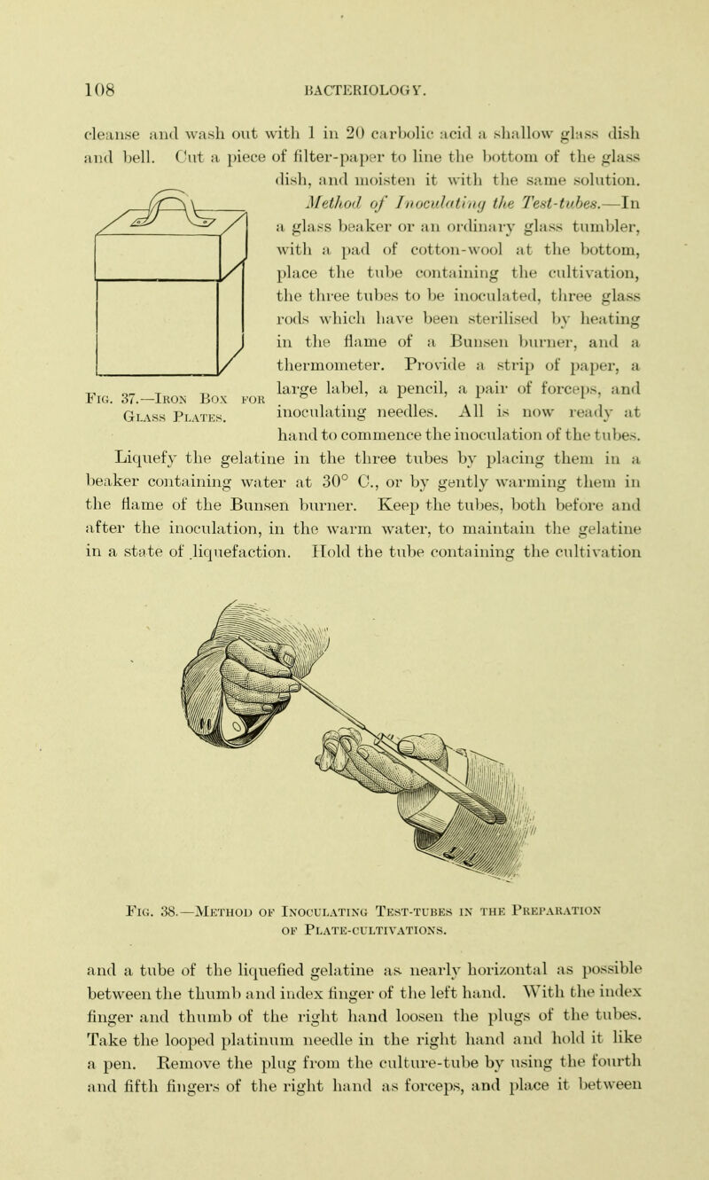 cleanse and wash out with 1 in 20 carbolic acid a shallow glass dish and bell. Cut a piece of filter-paper to line the bottom of the glass dish, and moisten it with the same solution. Method of Inoculating the Test-tubes.—In a glass beaker or an ordinary glass tumbler, with a pad of cotton-wool at the bottom, place the tube containing the cultivation, the three tubes to be inoculated, three glass rods which have been sterilised by heating in the flame of a Bunsen burner, and a thermometer. Provide a strip of paper, a large label, a pencil, a pair of Forceps, and inoculating needles. All is now ready at hand to commence the inoculation of the tubes. Liquefy the gelatine in the three tubes by placing them in a beaker containing water at 30° C., or by gently warming them in the name of the Bunsen burner. Keep the tubes, both before and after the inoculation, in the warm water, to maintain the gelatine in a state of liquefaction. Hold the tube containing the cultivation Fig. 37.—Iron Box Glass Plates. Fig. 38.— Method of Inoculating Test-tubes in the Pbeparation of Plate-cultivations. and a tube of the liquefied gelatine as nearly horizontal as possible between the thumb and index finger of the left hand. With die index finger and thumb of the right hand loosen the plugs of the tubes. Take the looped platinum needle in the right hand and hold it like a pen. Remove the plug from the culture-tube by using the fourth and fifth fingers of the right hand as forceps, and place it between