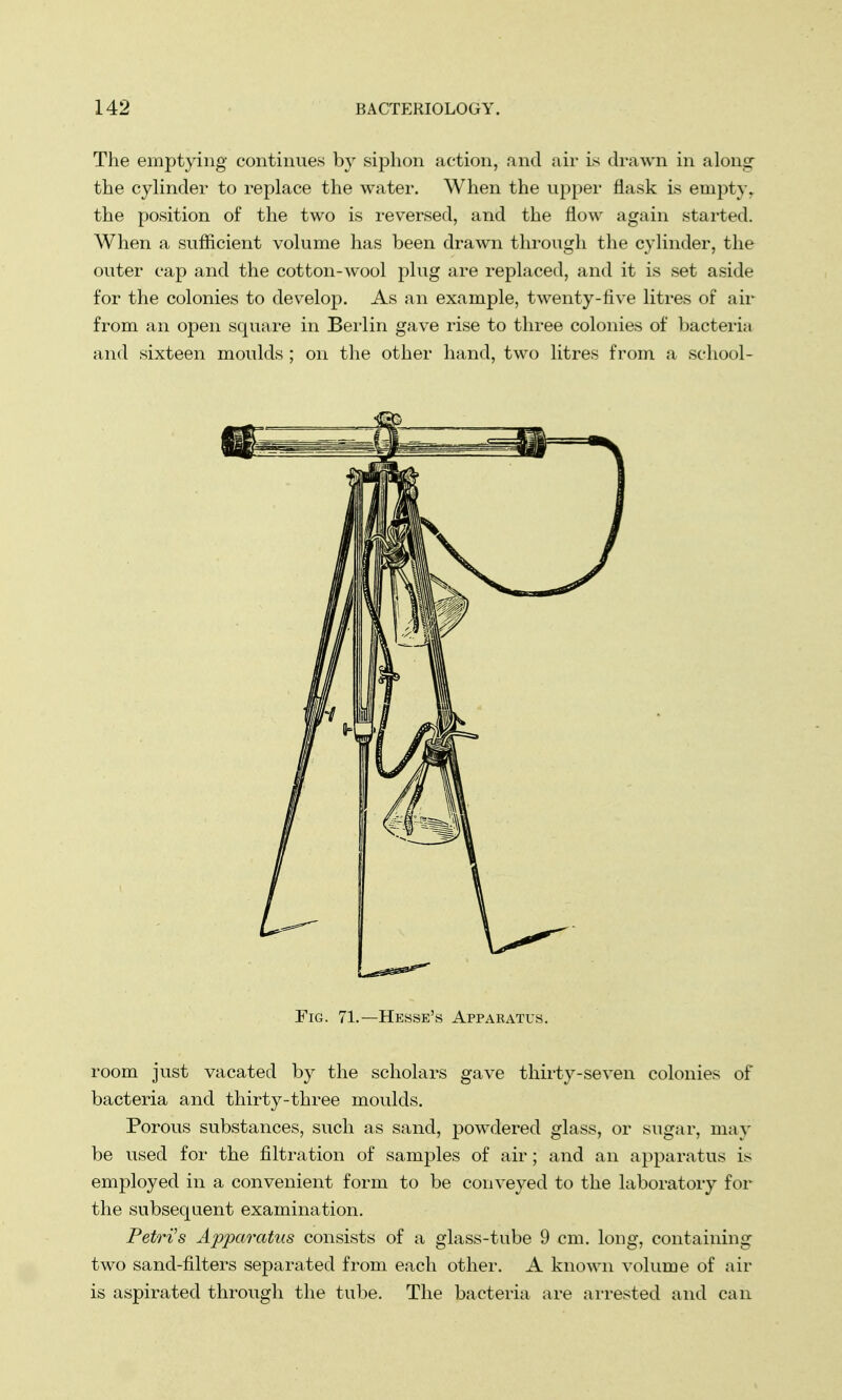 The emptying continues by siphon action, and air is drawn in along the cylinder to replace the water. When the upper flask is empty, the position of the two is reversed, and the flow again started. When a sufficient volume has been drawn through the cylinder, the outer cap and the cotton-wool plug are replaced, and it is set aside for the colonies to develop. As an example, twenty-five litres of air from an open square in Berlin gave rise to three colonies of bacteria and sixteen moulds ; on the other hand, two litres from a school- Fig. 71.—Hesse's Apparatus. room just vacated by the scholars gave thirty-seven colonies of bacteria and thirty-three moulds. Porous substances, such as sand, powdered glass, or sugar, may be used for the filtration of samples of air; and an apparatus is employed in a convenient form to be conveyed to the laboratory for the subsequent examination. Petri's Apparatus consists of a glass-tube 9 cm. long, containing two sand-filters separated from each other. A known volume of air is aspirated through the tube. The bacteria are arrested and can