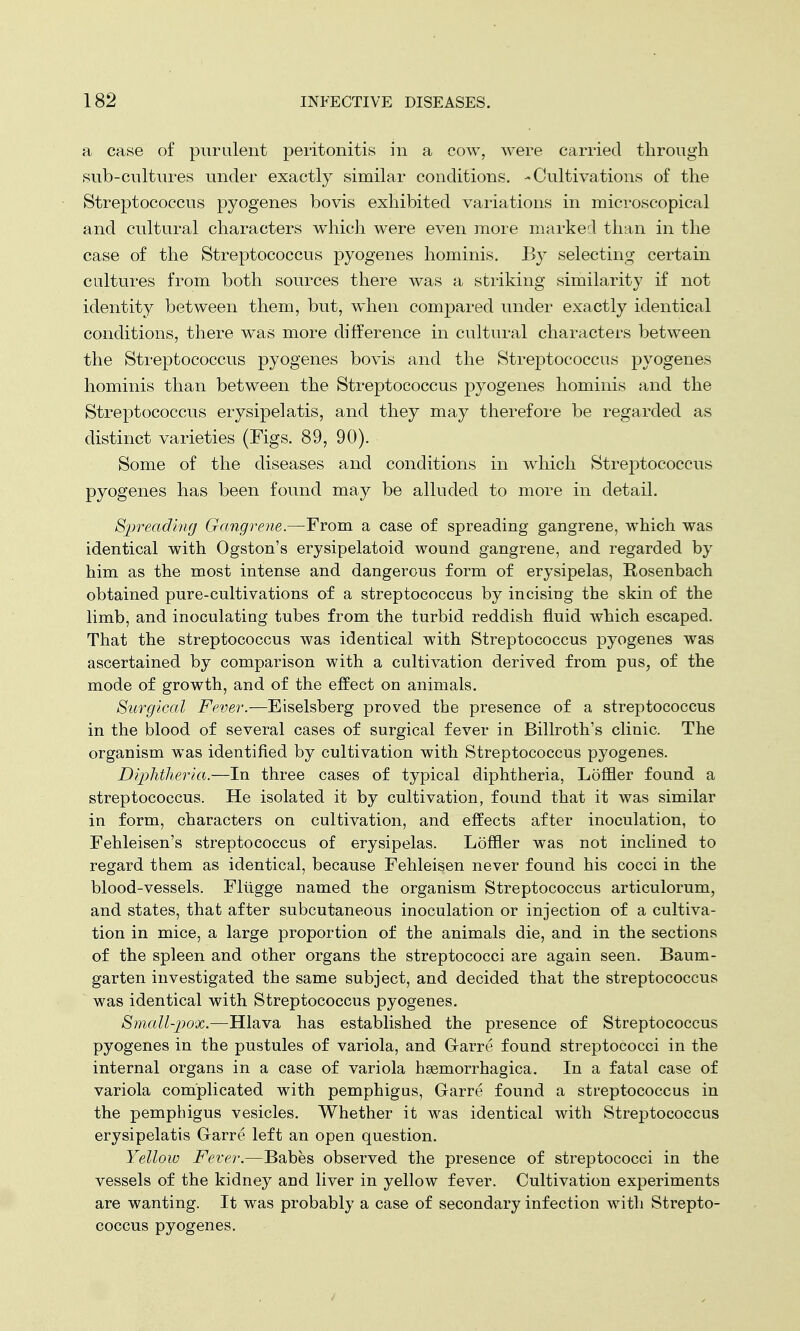a case of purulent peritonitis in a cow, were carried through sub-cultures under exactly similar conditions. -Cultivations of the Streptococcus pyogenes bovis exhibited variations in microscopical and cultural characters which were even more marked than in the case of the Streptococcus pyogenes hominis. By selecting certain cultures from both sources there was a striking similarity if not identity between them, but, when compared under exactly identical conditions, there was more difference in cultural characters between the Streptococcus pyogenes bovis and the Streptococcus pyogenes hominis than between the Streptococcus pyogenes hominis and the Streptococcus erysipelatis, and they may therefore be regarded as distinct varieties (Figs. 89, 90). Some of the diseases and conditions in which Streptococcus pyogenes has been found may be alluded to more in detail. Spreading Gangrene.—From a case of spreading gangrene, which was identical with Ogston's erysipelatoid wound gangrene, and regarded by him as the most intense and dangerous form of erysipelas, Rosenbach obtained pure-cultivations of a streptococcus by incising the skin of the limb, and inoculating tubes from the turbid reddish fluid which escaped. That the streptococcus was identical with Streptococcus pyogenes was ascertained by comparison with a cultivation derived from pus, of the mode of growth, and of the effect on animals. Surgical Fever.—Eiselsberg proved the presence of a streptococcus in the blood of several cases of surgical fever in Billroth's clinic. The organism was identified by cultivation with Streptococcus pyogenes. Diphtheria.—In three cases of typical diphtheria, Loffler found a streptococcus. He isolated it by cultivation, found that it was similar in form, characters on cultivation, and effects after inoculation, to Fehleisen's streptococcus of erysipelas. Loffler was not inclined to regard them as identical, because Fehleisen never found his cocci in the blood-vessels. Fltigge named the organism Streptococcus articulorum, and states, that after subcutaneous inoculation or injection of a cultiva- tion in mice, a large proportion of the animals die, and in the sections of the spleen and other organs the streptococci are again seen. Baum- garten investigated the same subject, and decided that the streptococcus was identical with Streptococcus pyogenes. Small-pox.—Hlava has established the presence of Streptococcus pyogenes in the pustules of variola, and Garre found streptococci in the internal organs in a case of variola hsemorrhagica. In a fatal case of variola complicated with pemphigus, Garre found a streptococcus in the pemphigus vesicles. Whether it was identical with Streptococcus erysipelatis Garre left an open question. Yellow Fever.—Babes observed the presence of streptococci in the vessels of the kidney and liver in yellow fever. Cultivation experiments are wanting. It was probably a case of secondary infection with Strepto- coccus pyogenes.