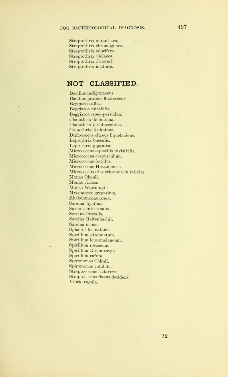 Streptothrix aurantiaca. Streptothrix chromogenes. Streptothrix odorifera. Streptothrix violacea. Streptothrix Forsteri. Streptothrix madurse. NOT CLASSIFIED. Bacillus indigonaceus. Bacillus proteus fluorescens. Beggiatoa alba. Beggiatoa rnirabilis. Beggiatoa roseo-persicina. Cladothrix dichotoma. Cladothrix invulnerabilis. Crenothrix Kuhniana. Diplococcus citreus hquefaciens. Leptothrix buccalis. Leptothrix gigantea. Micrococcus aquatilis invisibilis. Micrococcus crepusculum. Micrococcus fcetidus. Micrococcus Havaniensis. Micrococcus of septicaemia in rabbits. Monas Okenii. Monas vinosa. Monas Warmingii. Myconostoc gregarium. Rhabdomonas rosea. Sarcina hyalina. Sarcina intestinalis. Sarcina litoralis. Sarcina Reitenbachii. Sarcina urinse. Sphserotilus natans. Spirillum attenuatum. Spirillum leuconielaneum. Spirillum rosaceum. Spirillum Rosenbergii. Spirillum rufum. Spiroinonas Cohnii. Spiromonas volubilis. Streptococcus cadaveris. Streptococcus flavus desidens. Vibrio rugula. 32