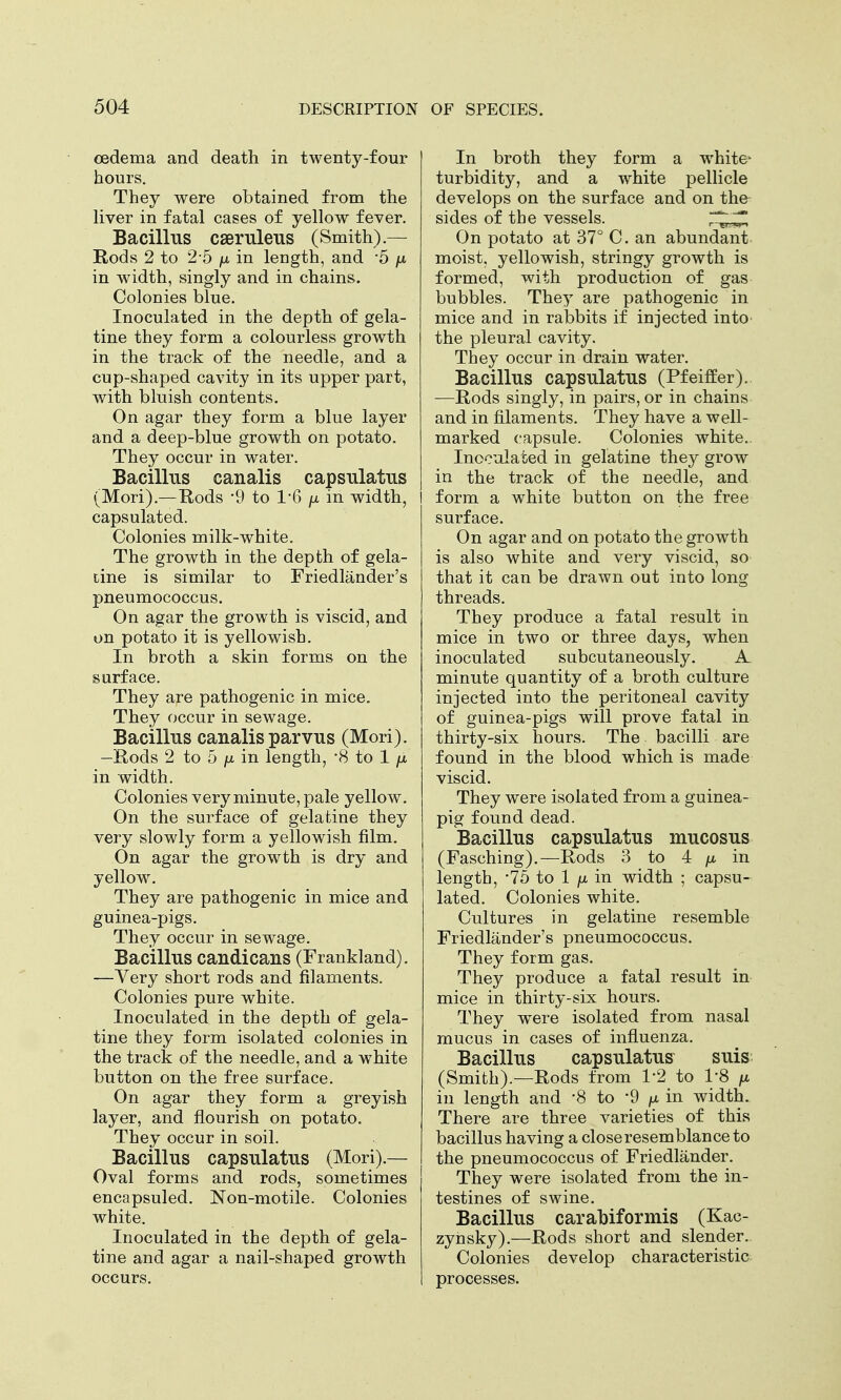 oedema and death in twenty-four hours. They were obtained from the liver in fatal cases of yellow fever. Bacillus caeruleus (Smith).— Rods 2 to 25 ju in length, and -5 fx in width, singly and in chains. Colonies blue. Inoculated in the depth of gela- tine they form a colourless growth in the track of the needle, and a cup-shaped cavity in its upper part, with bluish contents. On agar they form a blue layer and a deep-blue growth on potato. They occur in water. Bacillus canalis capsulatus (Mori).—Rods -9 to 1*6 ^ in width, capsulated. Colonies milk-white. The growth in the depth of gela- tine is similar to Friedlander's pneumococcus. On agar the growth is viscid, and on potato it is yellowish. In broth a skin forms on the surface. They are pathogenic in mice. They occur in sewage. Bacillus canalis parvus (Mori). -Rods 2 to 5 /x in length, -8 to 1 /x in width. Colonies very minute, pale yellow. On the surface of gelatine they very slowly form a yellowish film. On agar the growth is dry and yellow. They are pathogenic in mice and guinea-pigs. They occur in sewage. Bacillus candicans (Frankland). —Very short rods and filaments. Colonies pure white. Inoculated in the depth of gela- tine they form isolated colonies in the track of the needle, and a white button on the free surface. On agar they form a greyish layer, and flourish on potato. They occur in soil. Bacillus capsulatus (Mori).— Oval forms and rods, sometimes encapsuled. Non-motile. Colonies white. Inoculated in the depth of gela- tine and agar a nail-shaped growth occurs. In broth they form a white- turbidity, and a white pellicle develops on the surface and on the sides of the vessels. On potato at 37° C. an abundant moist, yellowish, stringy growth is formed, with production of gas bubbles. They are pathogenic in mice and in rabbits if injected into the pleural cavity. They occur in drain water. Bacillus capsulatus (Pfeiffer). —Rods singly, in pairs, or in chains and in filaments. They have a well- marked capsule. Colonies white. Inoculated in gelatine they grow in the track of the needle, and form a white button on the free surface. On agar and on potato the growth is also white and very viscid, so that it can be drawn out into long threads. They produce a fatal result in mice in two or three days, when inoculated subcutaneously. A minute quantity of a broth culture injected into the peritoneal cavity of guinea-pigs will prove fatal in thirty-six hours. The bacilli are found in the blood which is made viscid. They were isolated from a guinea- pig found dead. Bacillus capsulatus mucosus (Fasching).—Rods 3 to 4 /x in length, -75 to 1 /x in width ; capsu- lated. Colonies white. Cultures in gelatine resemble Friedlander's pneumococcus. They form gas. They produce a fatal result in mice in thirty-six hours. They wTere isolated from nasal mucus in cases of influenza. Bacillus capsulatus suis (Smith).—Rods from 1*2 to 1'8 /x in length and *8 to -9 /x in width. There are three varieties of this bacillus having a close resemblance to the pneumococcus of Friedlander. They were isolated from the in- testines of swine. Bacillus carabiformis (Kac- zynsky).—Rods short and slender. Colonies develop characteristic processes.