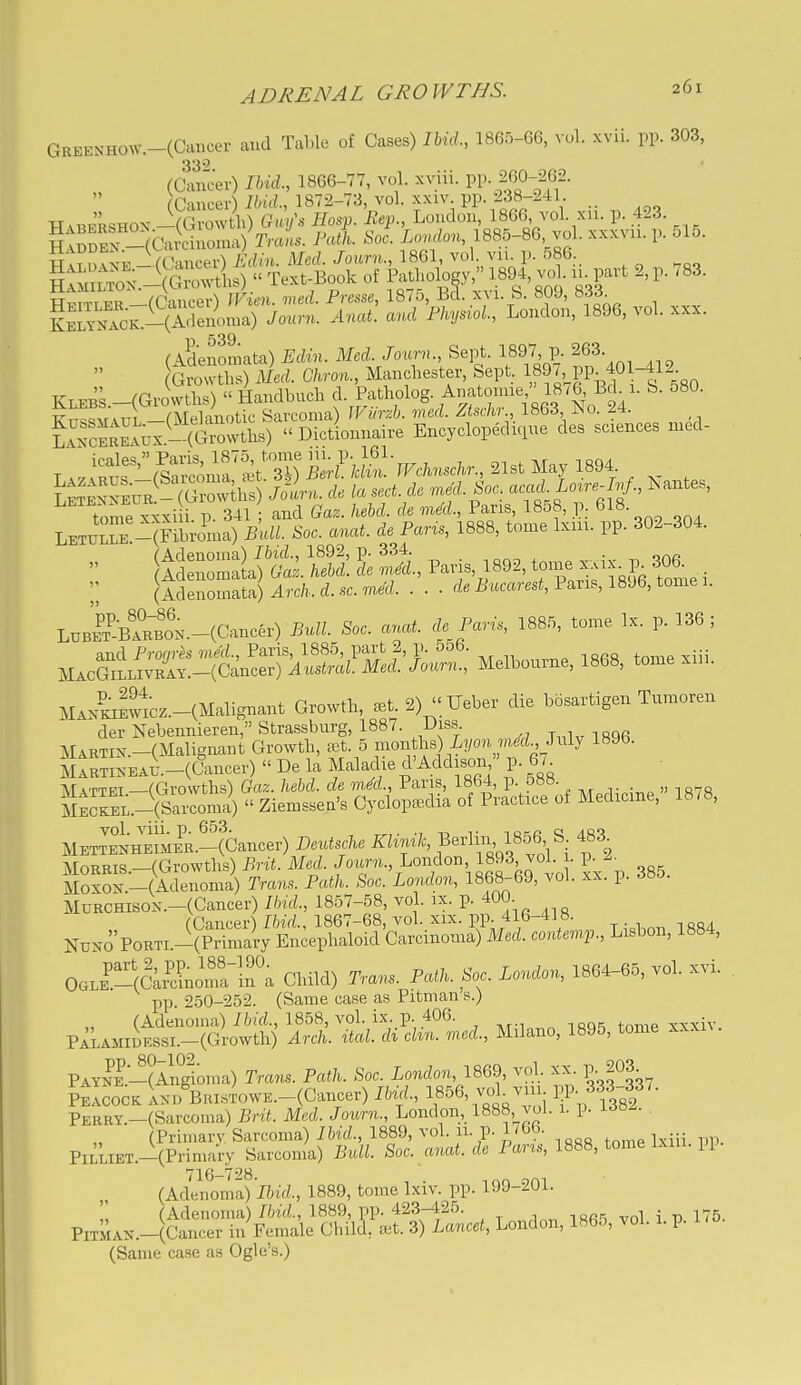 GREENHOW.-(Caiicer and Tal.le of Cases) IMA., I860-G6, ^•ol. xvii. pp. 303, (diSev) lUiU 1866-77, vol. xviii. in^- 260-262. rOniicM'^ Ihiil 1872-73, vol. xxiv. pp. 238-241. H.BKRSHOX ^^^t':^^^ Hasp. Eep., Loiuloii, 1866, vol. xii. p. 423. gtX^(baJciioma) Tm«s. Fal Soc. London, . xxxvn. p. 515. wti nlxE - fCaucer) Med. Journ., 1861, vol. vu. p. 586 g;«.AG^^^^^  Text-Book of f^thoW/' 1^89^, vo^^ n- part 2, p. .83. vo. xxx. T) 539 f Adenomata) i^rfin. Med. Journ., Sept. 1897, p. 263. Growths) Merf. C/»-on., Manchester, Sept, 1897 PP^401-412^ KLEBS.-(Gro\vths) Handbuch P/^tholog Anatmnie^^^ S. 580. -c^,-.,r.T'i CATplnnotic Sarcoma) Wurzb. med. Msdu., ino. z^i. LrcERL';;^.- Sw;i^^^ Encyclopedicine des sciences med- tome xxxi i p. 341 ; and Gaz. hehd. de med., Pans, 1858, p. 618. LetulTe -(Rbi-oma) Bull. Soc. anat. de Pans, 1888, tome Ixru. pp. 302-304.  ^^^tS. I 'X Paris, 1892, to.^x.i. 30a (Adenomata) Arch. d. sc. mM de Bucarest, Pans, 18J6, tome 1. LuBlVlBON.-(Cancer) Bull. Soc. anat de Paris, 1885, tome Ix. p. 136; M.cS?x^:S^^aS^'S.^S^Ji^^: Melbourne, 1868, tome xiii. MAWicz.-(Malignant Growth, a,t 2)  Ueber die bosartigen Tumoren der Nebennieren, Strassburg, 1887. Diss T,ni,r isqR MARTix.-(Malignant Growth, a^t. 5 mon hs) i?/on med Jnly 1896. MtRTiXEAi.-(Gancer)  De la Maladre d'Addison  p. 67^ Ar,,rTEi —(Growths) Gaz. hehd. de mM., Pans, 1864, p. 5«». „ MEC^L.-\sarcoma) « Ziemssea's Cyclop.T,dia of Practice of Medicme, 18/8, MET™NHElliER.-(Cancer) Deutsche Klinik, Berlin, 1856 S 483 Morris —(Growths) Brit. Med. Journ., London, 1893 vol. 1. p. iioxoN.-(Adenoma) Trans. Path. Soc. London, 1868-69, vol. xx. p. 385. MuRCHisox.-(Cancer) Ibid., 1857-58, vol. ix. p. 400 (Cancer) Ibid., 1867-68, vol. xix. pp 416-418. NUNO PoRTi.-(Primary Encephaloid Carcinoma) Med. contemp., Lisbon, 1884, 00L£-(a;i^Lmtlf a Child) Trans. Path. Soc London, 1864-65, vol. xvi. pp 250-252. (Same case as Pitman s.) (Adenoma) ifcirf., 1858, voL ix p. 406. iqq« tome xxxiv. PrLAMiDESSi.-(Growth) Arch. ital. di chn. med., Milano, 1895, tome xxxn PAYN?.-(Angtma) Trans. Path. Soc. London, 1869, vol. xx. p. 203 Peacock L-D°BRisTOWE.-(Cancer) Ibid., 1856, voh vm l^P- 333-337. PERRY.-(Sarcoma) Brit. Med. Journ., London, 1888 vol. 1. p. l^a/- . (Primary Sarcoma) Ibid., 1889, vol. 11. p. 1766. PiLLiET.--(PrimaVy Sarcoma) Bull. Soc. anat. de Parts, 1888, tome Ixiu. pp. 716-728. (Adenoma) Ibid., 1889, tome Ixiv. pp. 199-201. (Adenoma) Ibid., 1889, pp. 423-425. ^5 PiTMAX.-(Cancer in Female Child, ^t. 3) Lancrf, London, I860, vol. i.p. (Same case as Ogle's.)