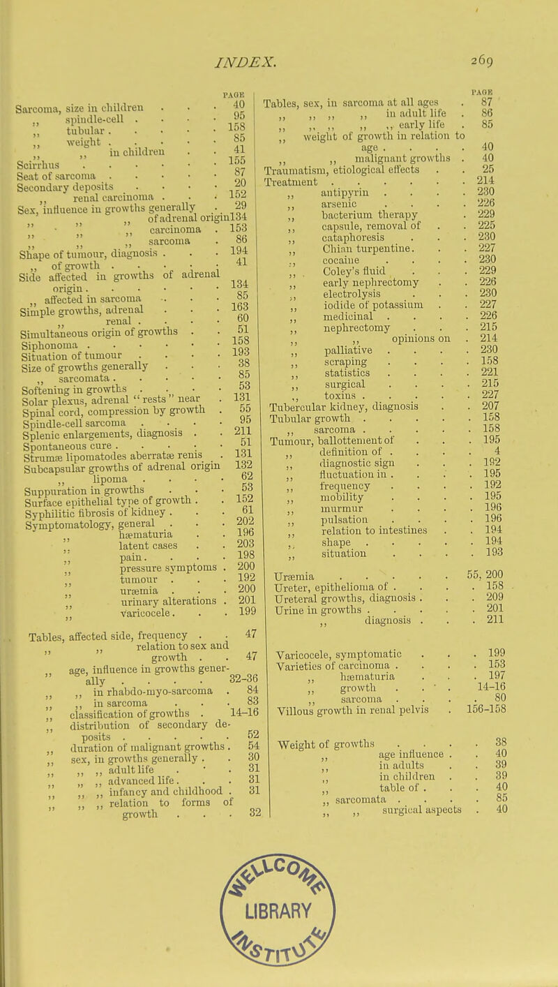 Sarcoma, size in children spindle-cell . ,, tubular . weight . . . ,, in childreu Scirrhus . . • • Seat of sarcoma . Secondai-y deposits ,, renal carcinoma . Sex, influence in growths generally PAOE -10 95 158 85 41 155 87 20 152 29 of adrenal originl34 carcinoma i> >>  sarcoma Shape of tumonr, diagnosis . ,, of growth ■ • ■ 1 ; Side affected in growths of adrenal origin affected in sarcoma Simple growths, adrenal J, renal . . . ■ Simultaneous origin of growths . Siphonoma Situation of tumour . . • • Size of growths generally ,, sarcomata. . • • Softening in growths . . . • Solar plexus, adrenal  rests near . Spinal cord, compression by growth . Spindle-cell sarcoma . . _ • Splenic enlargements, diagnosis . Spontaneous cure . . . • • StrumiB liporaatodes aberratie renis . Subcapsular growths of adrenal origin lipoma . . . • Suppuration in growths Surface epithelial type of growth . Syphilitic fibrosis of kidney . Symptomatology, general . ,, hsematuria '. latent cases pain. . . J J pressure symptoms , tumour . urjemia . urinary alterations varicocele. 153 86 194 41 134 85 163 60 51 158 193 38 85 53 131 55 95 211 51 131 132 62 53 152 61 202 196 203 198 200 192 200 201 199 Tables, sex, in sarcoma at all ages ,, „ ., in adult life . ,, ,, early life . ,, weight of growth in relation to age . ,, malignant growths Traumatism, etiological effects Treatment .... ,, an ti pyrin arsenic bacterium therapy ,, capsule, removal of ,, cataphoresis Chian turpentine. ., cocaine „ . Coley's fluid early nephrectomy ,, electrolysis ,, iodide of potassium ,, medicinal ,, nephrectomy , J ,, opinions < ,, palliative ,, scraping ,, statistics ,, surgical ,, toxins . Tubercular kidney, diagnosis Tubiilar growth . ,, sarcoma . Tumour, ballottenieut of definition of . diagnostic sign fluctuation in . ,, frequency mobility murmur ,, pulsatiou \, relation to intestines , shape situation Uraemia .... Ureter, epithelioma of . Ureteral growths, diagnosis . Urine in growths . diagnosis . Tables, affected side, frequency . . 47 ,, relation to sex and  growth . . 47 age, influence in growths gener- ally .... 32-36 ,, in rhabdo-myo-sarooma . 84 ,, in sarcoma classification of growths . distribution of secondary de posits .... duration of malignant growths sex, in growths generally . ,, ,, adult life „ ,, advanced life . ,, ,, infancy and childhood ,, ,, relation to forms growth Varicocele, symptomatic . . . 199 Varieties of carcinoma . . . .153 ,, hematuria . . . 197 growth . . ' . 14-16 83 ,, sarcoma .... 80 14-16 Villous growth in renal pelvis . 156-158 52 54 Weight of growths . . . . ^» 30 ,, age influence . . 40 3]^ in adults . . 39 31 , in children . . 39 31 „ table of . . .40 of ,, sarcomata .... 85 32 , ji surgical aspects . 40