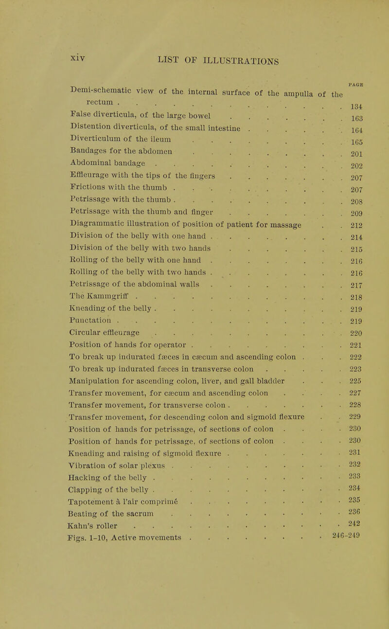 Demi-schematic view of the internal surface of the ampulla of rectum False diverticula, of the large bowel Distention diverticula, of the small intestine Diverticulum of the ileum Bandages for the abdomen Abdominal bandage .... Effleurage with the tips of tlie Augers Frictions with the thumb . Petrissage with the thumb . Petrissage with the tliumb and finger Diagrammatic illustration of position of patient for massage Division of the belly with one hand , Division of the belly with two hands Eolling of the belly with one hand Rolling of the belly with two hands . Petrissage of the abdominal walls TheKammgriflr . Kneading of the belly . Punctation .... Circular effleurage Position of hands for operator To brealv up indurated faeces in caecum and ascending colon To breali up indurated fasces in transverse colon Manipulation for ascending colon, liver, and gall bladder Transfer movement, for caecum and ascending colon Transfer movement, for transverse colon .... Transfer movement, for descending colon and sigmoid flexur Position of hands for petrissage, of sections of colon Position of hands for petrissage, of sections of colon . Kneading and raising of sigmoid flexure Vibration of solar plexus . Hacliing of the belly . Clapping of the belly . Tapotement i\ I'air comprini6 Beating of the sacrum Kahn's roller Figs. 1-10, Active movements the