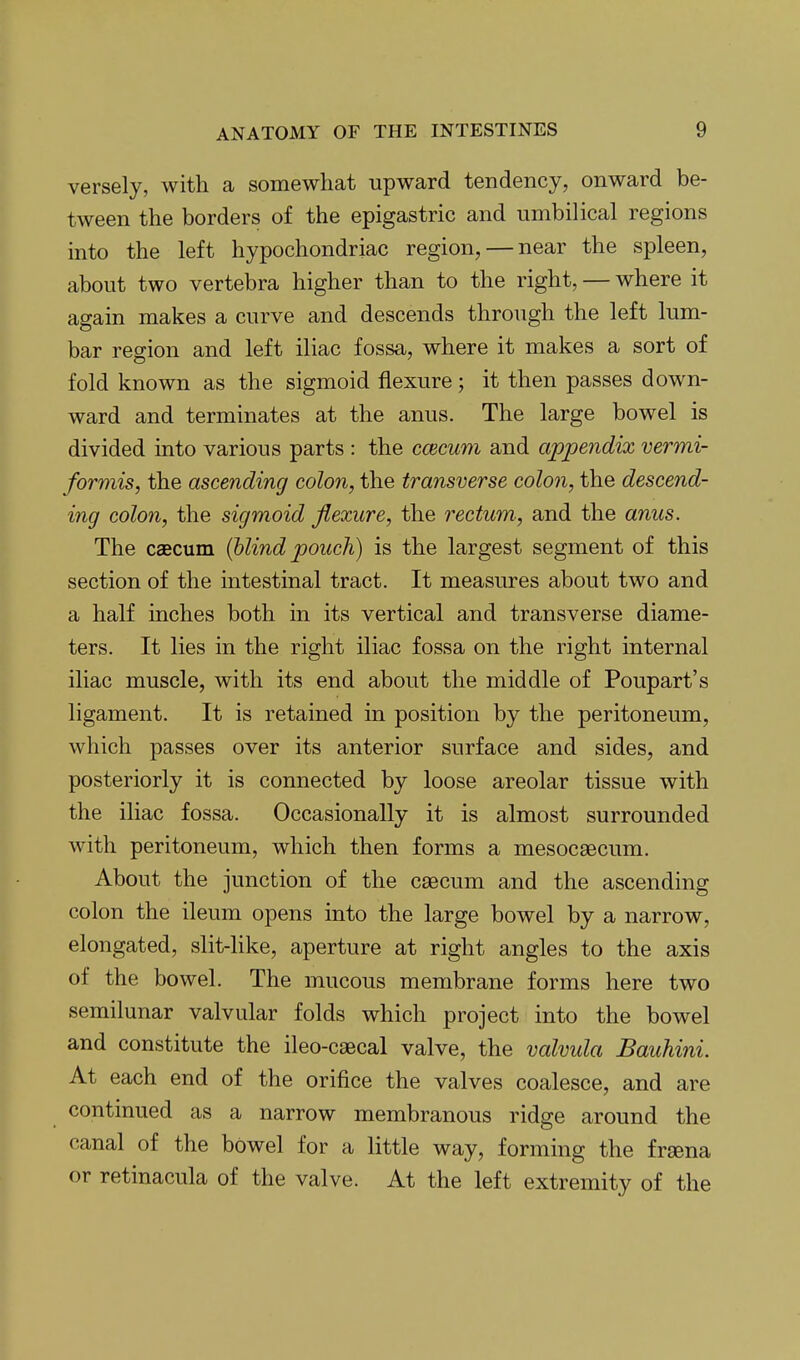 versely, with a somewhat upward tendency, onward be- tween the borders of the epigastric and umbilical regions into the left hypochondriac region, — near the spleen, about two vertebra higher than to the right, — where it again makes a curve and descends through the left lum- bar region and left iliac fossa, where it makes a sort of fold known as the sigmoid flexure; it then passes down- ward and terminates at the anus. The large bowel is divided into various parts : the ccBcum and appendix vermi- formis, the ascending colon, the transverse colon, the descend- ing colon, the sigmoid flexure, the rectum; and the anus. The caecum (blind pouch) is the largest segment of this section of the intestinal tract. It measures about two and a half inches both in its vertical and transverse diame- ters. It lies in the right iliac fossa on the right internal iliac muscle, with its end about the middle of Poupart's ligament. It is retained in position by the peritoneum, which passes over its anterior surface and sides, and posteriorly it is connected by loose areolar tissue with the iliac fossa. Occasionally it is almost surrounded with peritoneum, which then forms a mesocaBCum. About the junction of the caBCum and the ascending colon the ileum opens into the large bowel by a narrow, elongated, slit-like, aperture at right angles to the axis of the bowel. The mucous membrane forms here two semilunar valvular folds which project into the bowel and constitute the ileo-caecal valve, the valvula Bauhini. At each end of the orifice the valves coalesce, and are continued as a narrow membranous ridge around the canal of the bowel for a little way, forming the frsena or retinacula of the valve. At the left extremity of the