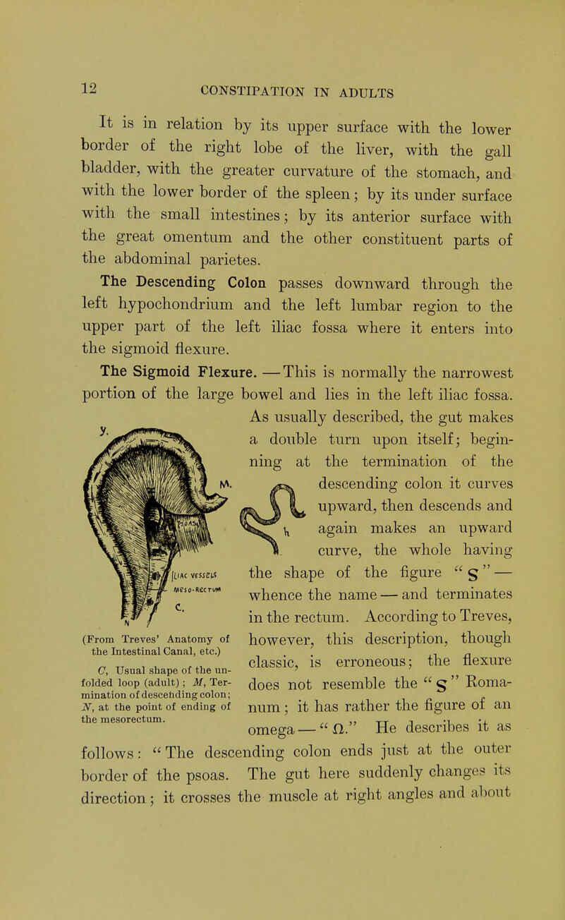 It is in relation by its upper surface with the lower border of the right lobe of the liver, with the gall bladder, with the greater curvature of the stomach, and with the lower border of the spleen; by its under surface with the small intestines; by its anterior surface with the great omentum and the other constituent parts of the abdominal parietes. The Descending Colon passes downward through the left hypochondrium and the left lumbar region to the upper part of the left iliac fossa where it enters into the sigmoid flexure. The Sigmoid Flexure. —This is normally the narrowest portion of the large bowel and lies in the left iliac fossa. As usually described, the gut makes a double turn upon itself; begin- ning at the termination of the /xs^ descending colon it curves % \ Lt upward, then descends and iiiiijj. \ again makes an upward II. curve, the whole having the shape of the figure  § — whence the name — and terminates in the rectum. According to Treves, however, this description, though classic, is erroneous; the flexure does not resemble the  §  Roma- num; it has rather the figure of an omega —  Xl. He describes it as follows: The descending colon ends just at the outer border of the psoas. The gut here suddenly changes its direction; it crosses the muscle at right angles and about (From Treves' Anatomy of the Intestinal Canal, etc.) C, Usual shape of the un- folded loop (adult); M, Ter- mination of descebding colon; N, at the point of ending of the mesorectum.