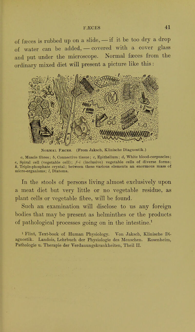 of fiBces is rubbed up on a slide, — if it be too dry a drop of water can be added, — covered with a cover glass and put under the microscope. Normal faeces from the ordinary mixed diet will present a picture like this: Normal FiscES. (From Jaksch, Klinische Diagnostik.) a, Muscle fibres; b, Connective tissue; c, Epithelium; d, White blood-corpuscles; e, Spiral cell (vegetable cell); f-i (inclusive) vegetable cells of diverse forms; k, Triple-phosphate crystal; between these various elements an enormous mass of micro-organisms; I, Diatoms. In the stools of persons living almost exclusively upon a meat diet bu^t very little or no vegetable residue, as plant cells or vegetable fibre, will be found. Such an examination will disclose to us any foreign bodies that may be present as helminthes or the products of pathological processes going on in the intestine.^ 1 Flint, Text-book of Human Physiology. Von Jaksch, Klinische Di- agnostik. Landois, Lehrbuch der Physiologie des Menschen. Rosenheim, Pathologie u. Therapie der Verdauungskrankheiten, Theil II.