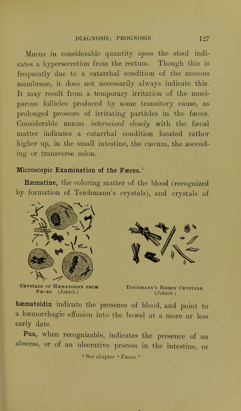 Mucus in considerable quantity upon the stool indi- cates a hypersecretion from the rectum. Though this is frequently due to a catarrhal condition of the mucous membrane, it does not necessarily always indicate this. It may result from a temporary irritation of the muci- parous follicles produced by some transitory cause, as prolonged pressure of irritating particles in the faeces. Considerable mucus intermixed closely with the faecal matter indicates a catarrhal condition located rather higher up, in the small intestine, the caecum, the ascend- ing or transverse colon. Microscopic Examination of the Faeces/ Haematine, the coloring matter of the blood (recognized by formation of Teichmann's crystals), and crystals of hamatoidin indicate the presence of blood, and point to a haemorrhagic effusion into the bowel at a more or less early date. Pus, when recognizable, indicates the presence of an abscess, or of an ulcerative process in the intestine, or Crystals of HiEMAToroiN from F^CKS. (Jaksch.) Teichmann'i 's HjEmin Crystals. {Jaksch.) ^ See chapter  Faeces.