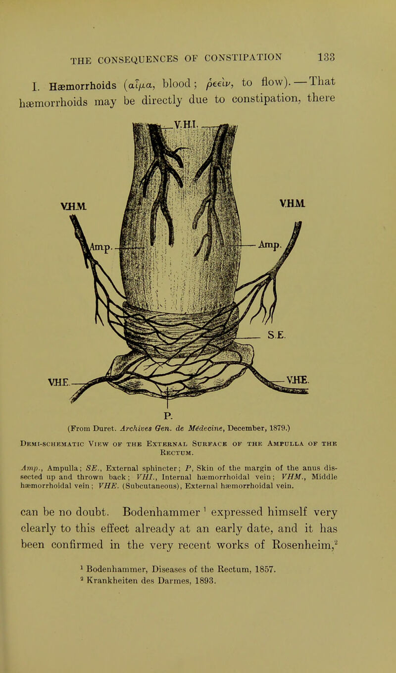 1. Haemorrhoids (al^a, blood; peelv, to flow).—That hsemorrhoids may be directly due to constipation, there -V.HI YHM VHE (From Buret. Archives Gen. de MMecine, December, 1879.) Demi-schematic View of the External Surface of the Ampulla of the Rectum. Amp., Ampulla; SE., External sphincter; P, Skin of the margin of the anus dis- sected up and thrown back; VHI., Internal haemorrhoidal vein; VHM., Middle haemorrhoidal vein ; VHE. (Subcutaneous), External haemorrhoidal vein. can be no doubt. Bodenhammer ' expressed himself very clearly to this effect already at an early date, and it has been confirmed in the very recent vv^orks of Rosenheim,''^ ' Bodenhammer, Diseases of the Rectum, 1857. ^ Krankheiten des Darmes, 1893.