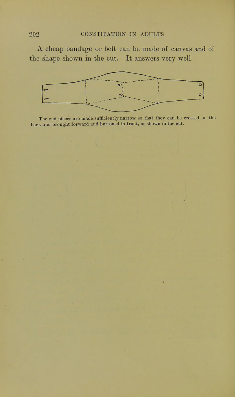 A cheap bandage or belt can be made of canvas and of the shape shown m the cut. It answers very well. The end pieces are made suflBiciently narrow so that they can be crossed on the back and brought forward and buttoned in front, as shown in the cut.