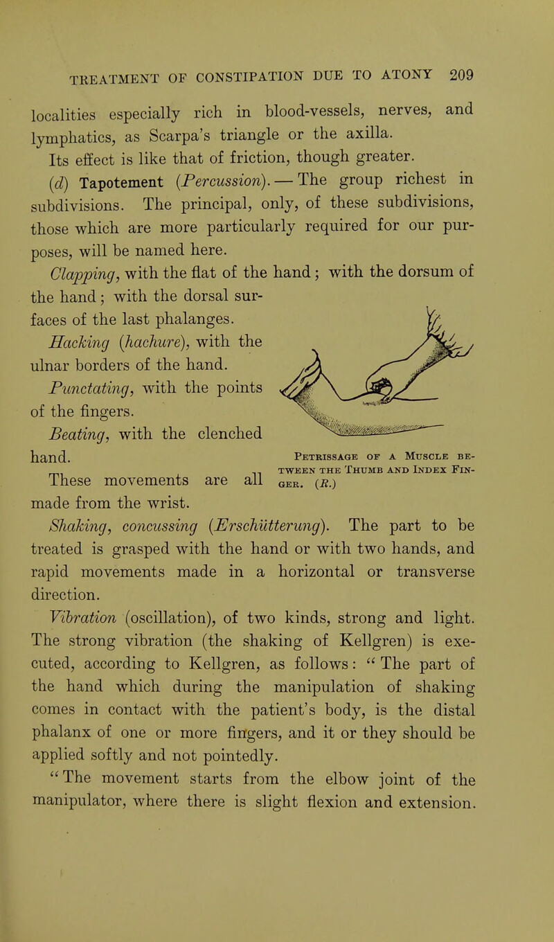 localities especially rich in blood-vessels, nerves, and lymphatics, as Scarpa's triangle or the axilla. Its effect is like that of friction, though greater. (d) Tapotement {Percussion). — The group richest in subdivisions. The principal, only, of these subdivisions, those which are more particularly required for our pur- poses, will be named here. Clajjping, with the flat of the hand; with the dorsum of the hand ; with the dorsal sur- faces of the last phalanges. Hacking (hachure), with the ulnar borders of the hand. Punctating, with the points of the fingers. Beating, with the clenched hand. petrissage of a muscle be- TWEEN THE ThUMB AND INDEX FlN- These movements are all qer. made from the wrist. Shaking, concussing {Erschutterung). The part to be treated is grasped with the hand or with two hands, and rapid movements made in a horizontal or transverse direction. Vibration (oscillation), of two kinds, strong and light. The strong vibration (the shaking of Kellgren) is exe- cuted, according to Kellgren, as follows:  The part of the hand which during the manipulation of shaking comes in contact with the patient's body, is the distal phalanx of one or more fingers, and it or they should be applied softly and not pointedly. The movement starts from the elbow joint of the manipulator, where there is slight flexion and extension.