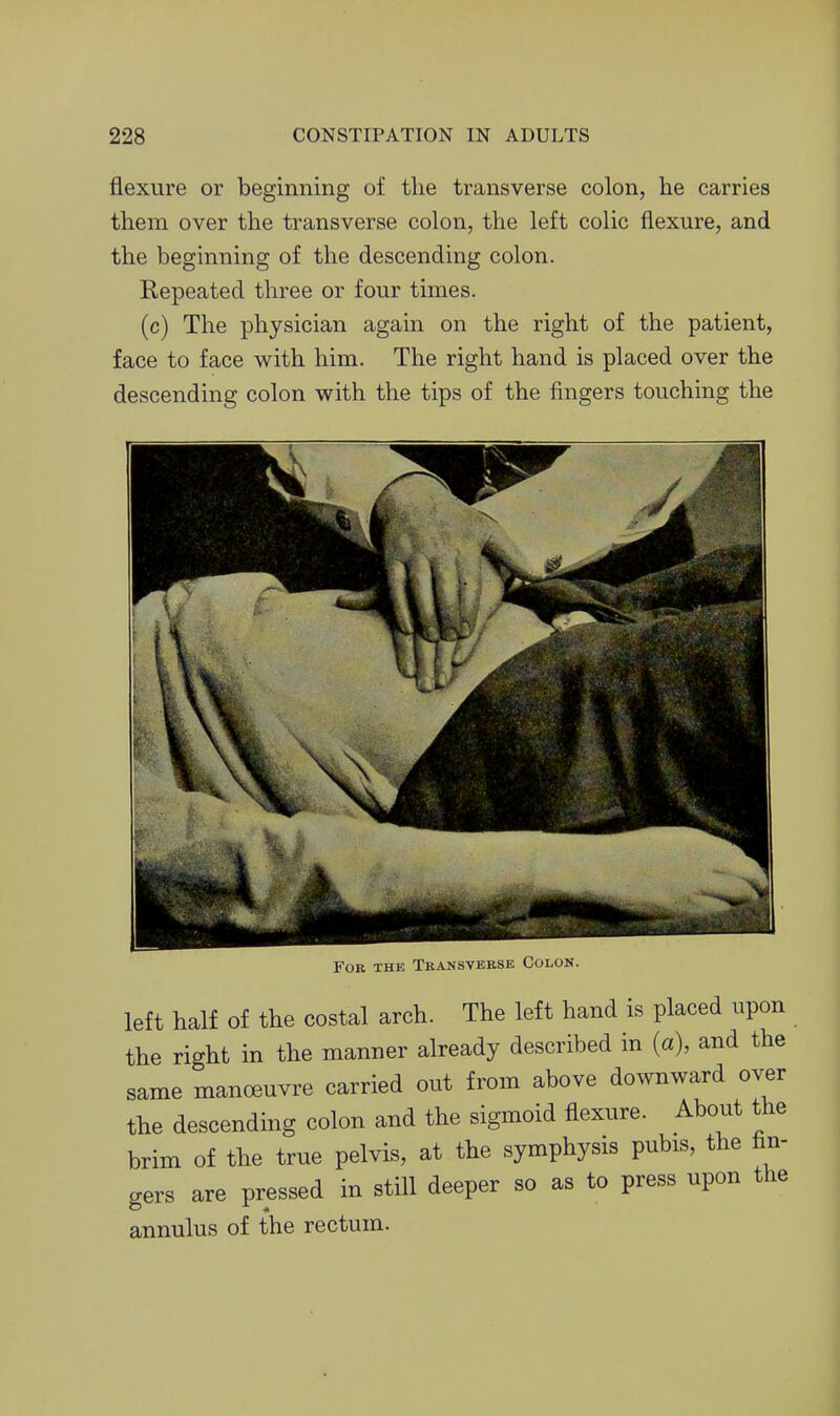 flexure or beginning of the transverse colon, he carries them over the transverse colon, the left colic flexure, and the beginning of the descending colon. Repeated three or four times. (c) The physician again on the right of the patient, face to face with him. The right hand is placed over the descending colon with the tips of the fingers touching the For the Transverse Colon. left half of the costal arch. The left hand is placed upon the right in the manner already described in (a), and the same manoeuvre carried out from above do^vnward over the descending colon and the sigmoid flexure. About the brim of the true pelvis, at the symphysis pubis, the An- gers are pressed in still deeper so as to press upon the annulus of the rectum.