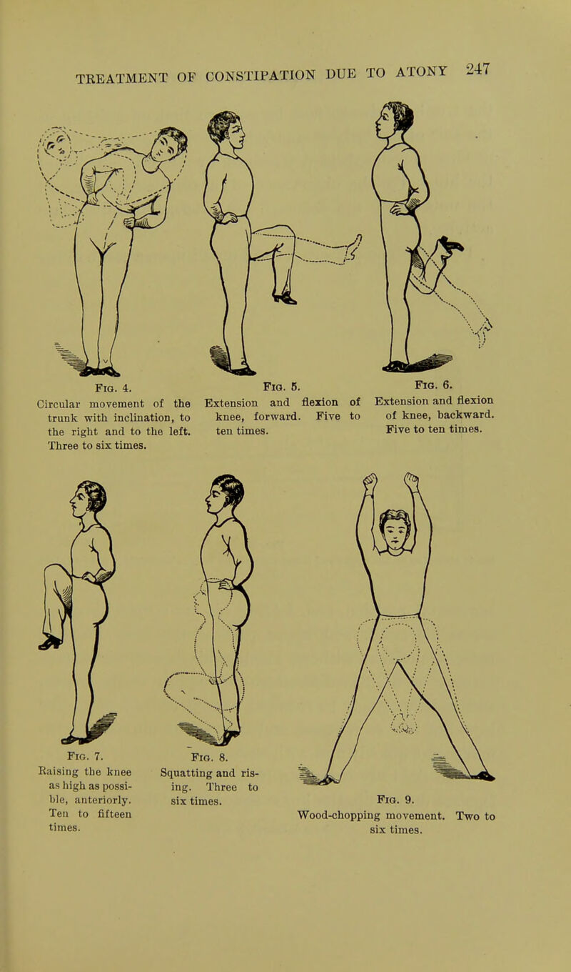 Fig. 4. Fig. 6. Fig. 6. Circular movement of the Extension and flexion of Extension and flexion trunk with inclination, to knee, forward. Five to of knee, backward, the right and to the left. ten times. Five to ten times. Three to six times. Fig. 7. Raising the knee as high as possi- ble, anteriorly. Ten to fifteen times. Fig. 8. Squatting and ris- ing. Three to six times. Fig. 9. Wood-chopping movement. six times. Two to