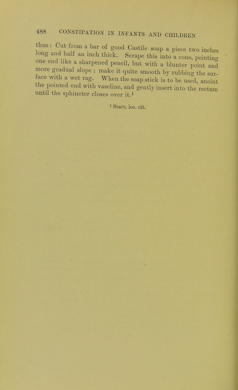 thus: Cut from a bar of good Castile soap a piece two inches long and halt an uach thick. Scrape this into a cone, pointing one end like a sharpened pencil, but with a blunter point and more gradual slope ; make it quite smooth by rubbing the sur- face with a wet rag. When the soap stick is to be used, anoint the pointed end with vaseline, and gently insert into the rectum untd the sphincter closes over it.i