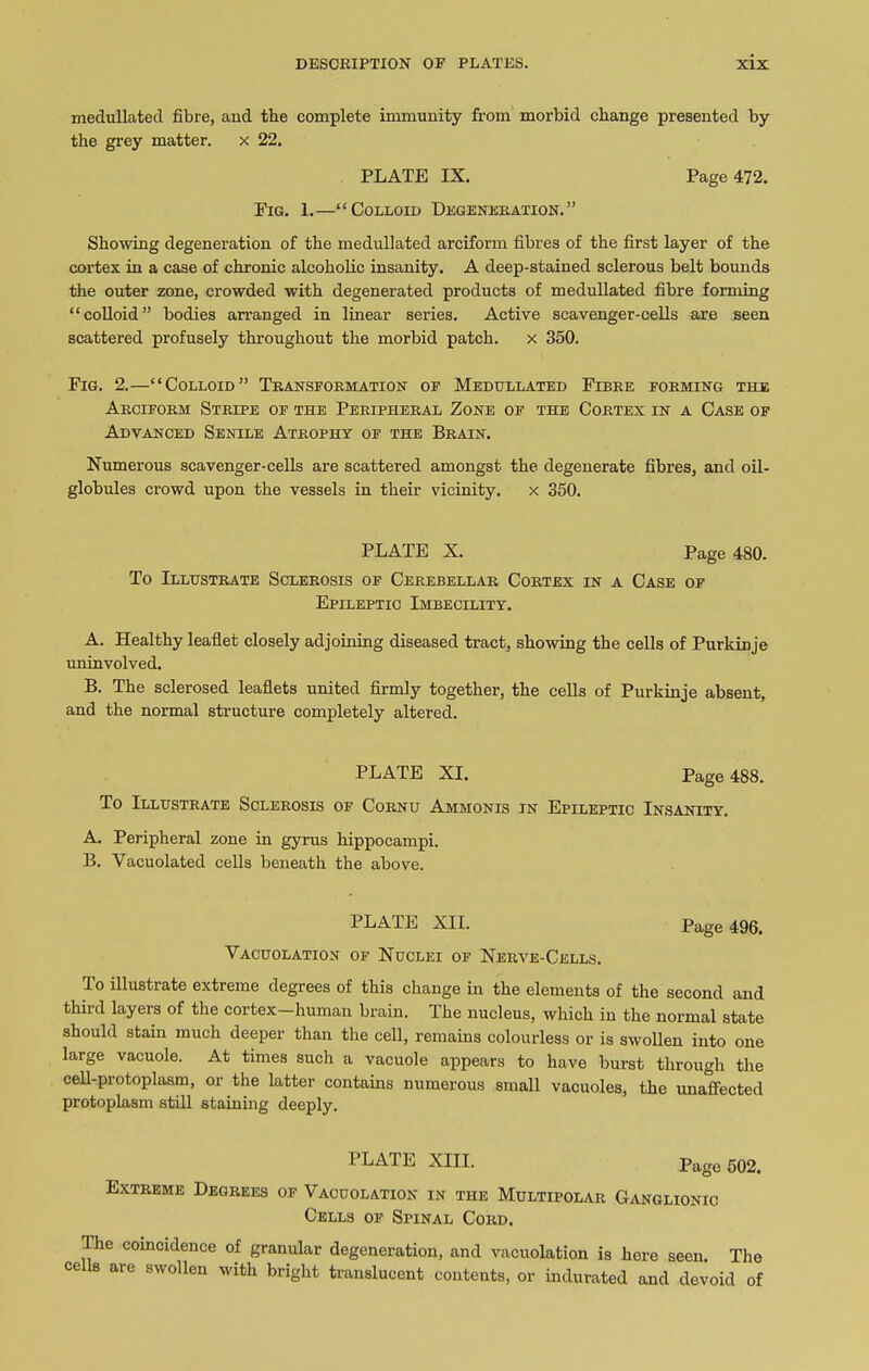 medullated fibre, and tbe complete immunity from morbid change presented by the grey matter. x 22. PLATE IX. Page 472. Pig. 1.—“Colloid Degeneration.” Showing degeneration of the medullated arciform fibres of the first layer of the cortex in a case of chronic alcoholic insanity. A deep-stained sclerous belt bounds the outer zone, crowded with degenerated products of medullated fibre forming “colloid” bodies arranged in linear series. Active scavenger-cells are seen scattered profusely throughout the morbid patch. x 350. Fig. 2.—“Colloid” Transformation of Medullated Fibre forming the Arciform Stripe of the Peripheral Zone of the Cortex in a Case of Advanced Senile Atrophy of the Brain. Numerous scavenger-cells are scattered amongst the degenerate fibres, and oil- globules crowd upon the vessels in their vicinity. x 350. PLATE X. Page 480. To Illustrate Sclerosis of Cerebellar Cortex in a Case of Epileptic Imbecility. A. Healthy leaflet closely adjoining diseased tract, showing the cells of Purkinje uninvolved. B. The sclerosed leaflets united firmly together, the cells of Purkinje absent, and the normal structure completely altered. PLATE XI. Page 488. To Illustrate Sclerosis of Cornu Ammonis in Epileptic Insanity. A. Peripheral zone in gyrus hippocampi. B. Vacuolated cells beneath the above. PLATE XII. Page 496. Vacuolation of Nuclei of Nerve-Cells. To illustrate extreme degrees of this change in the elements of the second and third layers of the cortex-human brain. The nucleus, which in the normal state should stain much deeper than the cell, remains colourless or is swollen into one large vacuole. At times such a vacuole appears to have burst through the cell-protoplasm, or the latter contains numerous small vacuoles, the unaffected protoplasm still staining deeply. PLATE XIII. Page 502. Extreme Degrees of Vacuolation in the Multipolar Ganglionic Cells of Spinal Cord. The coincidence of granular degeneration, and vacuolation is here seen. The cells are swollen with bright translucent contents, or indurated and devoid of