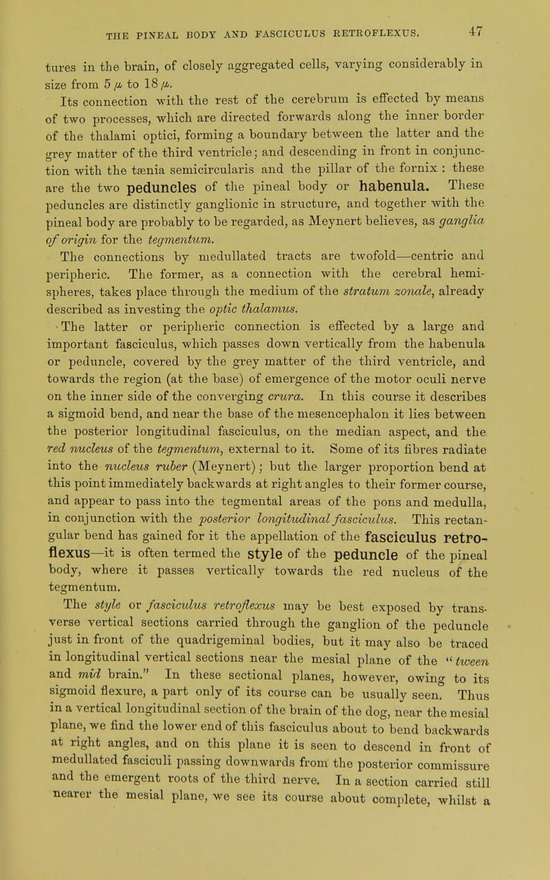 THE PINEAL BODY AND FASCICULUS RETROFLEXUS. tures in the brain, of closely aggregated cells, varying considerably in size from 5 to 18 /a. Its connection with the rest of the cerebrum is effected by means of two processes, which are directed forwards along the inner border of the thalami optici, forming a boundary between the latter and the grey matter of the third ventricle; and descending in front in conjunc- tion with the taenia semicircularis and the pillar of the fornix : these are the two peduncles of the pineal body or habenula. These peduncles are distinctly ganglionic in structure, and together with the pineal body are probably to be regarded, as Meynert believes, as ganglia of origin for the tegmentum. The connections by medullated tracts are twofold—centric and peripheric. The formex-, as a connection with the cerebi-al hemi- spheres, takes place through the medium of the stratum zonale, already described as investing the optic thalamus. ■ The latter or peripheric connection is effected by a large and important fasciculus, which passes down vertically from the habenula or peduncle, covered by the grey matter of the third ventricle, and towards the region (at the base) of emei’gence of the motor oculi nerve on the inner side of the converging crura. In this course it describes a sigmoid bend, and near the base of the mesencephalon it lies between the posterior longitudinal fasciculus, on the median aspect, and the red nucleus of the tegmentum, external to it. Some of its fibres radiate into the nucleus ruber (Meynex-t); but the larger proportion bend at this point immediately backwards at right angles to their former course, and appear to pass into the tegmental areas of the pons and medulla, in conjunction with the posterior longitudinal fasciculus. This rectan- gular bend has gained for it the appellation of the fasciculus PetPO- flexus—it is often termed the Style of the peduncle of the pineal body, where it passes vertically towards the red nucleus of the tegmentum. The style or fasciculus retroflexus may be best exposed by trans- verse vertical sections carried through the ganglion of the peduncle just in front of the quadrigeminal bodies, but it may also be traced in longitudinal vertical sections near the mesial plane of the “ tiveen and mid brain. ’ In these sectional planes, howevei’, owing to its sigmoid flexure, a part only of its course can be usually seen. Thus in a vertical longitudinal section of the brain of the dog, near the mesial plane, we find the lower end of this fasciculus about to bend backwards at right angles, and on this plane it is seen to descend in front of medullated fasciculi passing downwards from the posterior commissure and the emergent roots of the third nerve. In a section carried still nearer the mesial plane, we see its course about complete, whilst a