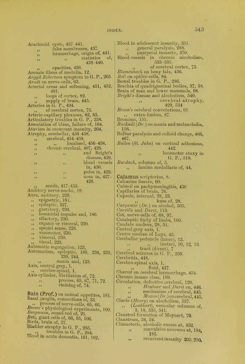 54:3 Arachnoid cysts, 437-441. ,, false membranes, 437. ,, haemorrhage, origin of, 441. , ,, statistics of, 439-440. ,, opacities, 436. Arcuate fibres of medulla, 12. Argyll-Robertson symptom in G. P., 265. Arndt on nerve-cells, 63. Arterial areas and softening, 451, 452, 491. ,, loops of cortex, 82. ,, supply of brain, 445. Arteries in G. P., 494. ,, of cerebral cortex, 75. Arterio-capillary plexuses, 82, 85. Articulatory troubles in G. P., 258. Association of ideas, failure of, 164. Atavism in recurrent insanity, 204. Atrophy, cerebellar, 456-458. ,, cerebral, 454-458. ,, ,, localised, 456-458. ,, chronic cerebral, 407, 426. ,, ,, and Bright’s disease, 429. ,, ,, blood-vessels in, 430. ,, ,, pulse in, 429. ,, ,, urea in, 427- 428. ,, senile, 417-455. Auditory nerve-nuclei, 19. Aura, auditory, 229. „ epigastric, 181. ,, epileptic, 227. ,, gustatory, 230. ,, homicidal impulse and, 180. ,, olfactory, 230. ,, organic or visceral, 230. ,, special sense, 228. ,, vasomotor, 230. ,, visceral, 230. „ visual, 229. Automatic segregation, 123, Automatism, epileptic, 186, 234, 235, 239, 244. ,, mania and, 123. Axis, central grey, 1. ,, cerebro-spinal, 1. Axis-cylinder, fibrillation of, 72. ,, process, 65, 67, 71, 72. ,, staining of, 74. Bain (Prof.) on animal appetites, 181. Basal ganglia, connections of, 33. ,, process of nerve-cells, 65, 66. Beevor’s physiological experiments, 109 Bergmann, sound-rod of, 21. Betz, giant cells of, 66, 95, 106. Birds, brain of, 57. Bladder atrophy in G. P., 285. ,, _ troubles in G. P., 284. Blood in acute dementia, 161, 162. Blood in adolescent insanity, 351. ,, general paralysis, 288. ,, puerperal insanity, 370. Blood-vessels in chronic alcoholism, 533-535. ,, of cerebral cortex, 75. Blumenbach on bony falx, 436. Boll on spider-cells, 84. Bowel troubles in G. P., 286. Brachia of quadrigeminal bodies, 37, 38. Brain of man and lower mammals, 98. Bright's disease and alcoholism, 540. ,, cerebral atrophy, 429, 534 Broca's cerebral convolutions, 61. ,, extra-limbus, S7. Bromism, 151. Bucknill (Dr.) on mania and melancholia, 116. Bulbar paralysis and colloid change, 466, 467. Bullen (St. John) on cortical adhesions, 442. ,, locomotor ataxy in G. P., 519. Burdach, columns of, 5. ,, lamina medullaris of, 44. Calamus scriptorius, 8. Calcarine fissure, 60. Calmeil on pachymeningitis, 436 Capillaries of brain, 76. Capsule, internal, 28, 33. ,, knee of, 28. Carpenter (Dr.) on alcohol, 305. Carville and Duret, 113. Cat, nerve-cells of, 68, 97. Cataleptic fixity of limbs, 160. Caudate nucleus, 28, 51. Central grey axis, 1. Centre median of Luys, 45. Cerebellar peduncle (inner), 13. >. ,, (outer), 10, 12, 13. ,, tract (direct), 7 Cerebral seizures in G. P., 259. Cerebritis, 448. Cerebro-spinal axis, 1. ,, fluid, 437. Charcot on cerebral haemorrhage, 454. Chronic insane class, 189. Circulation, defective cerebral, 129. ,, Heubner and Duret on, 446. ,, mechanism of cerebral, 445. ,, Moxon (Dr.) on cerebral, 445. Clarke (Henry) on alcoholism, 537. ,, (Lockhart), vesicular columns of, 3, 18, 535, 541. Claustral formation of Meynert, 70. Claustrum, 34, 54. Climacteric, alcoholic excess at, 402. ,, convulsive neuroses at, 184. 185. ’ „ recurrent insanity 205,210.