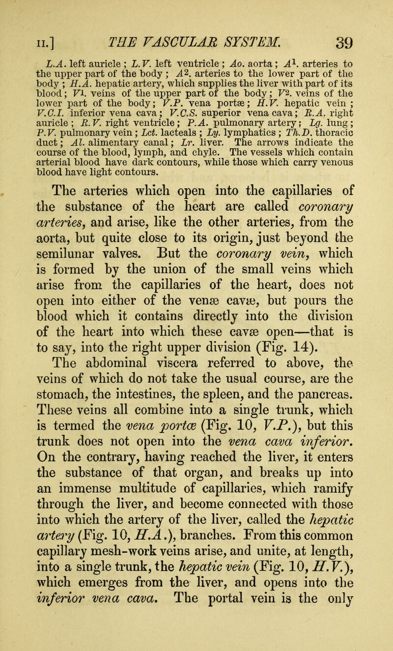 L.A. left auricle ; L.V. left ventricle ; Ao. aorta ; A1, arteries to the upper part of the body ; J.2. arteries to the lower part of the body ; H.A. hepatic artery, which supplies the liver with part of its blood; VI. veins of the upper part of the body; FX veins of the lower part of the body; V.P. vena portse; H.V. hepatic vein ; V.G.I, inferior vena cava; V.C.S. superior vena cava; R.A. right- auricle; R.V. right ventricle; P.A. pulmonary artery; Lg. lung; P.V. pulmonary vein; Let. lacteals ; Ly. lymphatics ; 27k D. thoracic duct; Al. alimentary canal; Lr. liver. The arrows indicate the course of the blood, lymph, and chyle. The vessels which contain arterial blood have dark contours, while those which carry venous blood have light contours. The arteries which open into the capillaries of the substance of the heart are called coronary arteries, and arise, like the other arteries, from the aorta, but quite close to its origin, just beyond the semilunar valves. But the coronary vein, which is formed by the union of the small veins which arise from the capillaries of the heart, does not open into either of the vena3 cavte, but pours the blood which it contains directly into the division of the heart into which these cavaa open—that is to say, into the right upper division (Fig. 14). The abdominal viscera referred to above, the veins of which do not take the usual course, are the stomach, the intestines, the spleen, and the pancreas. These veins all combine into a single trunk, which is termed the vena porta? (Fig. 10, V.P.), but this trunk does not open into the vena cava inferior. On the contrary, having reached the liver, it enters the substance of that organ, and breaks up into an immense multitude of capillaries, which ramify through the liver, and become connected with those into which the artery of the liver, called the hepatic artery (Fig. 10, H.A.), branches. From this common capillary mesh-work veins arise, and unite, at length, into a single trunk, the hepatic vein (Fig. 10, H.V.), which emerges from the liver, and opens into the inferior vena cava. The portal vein is the only