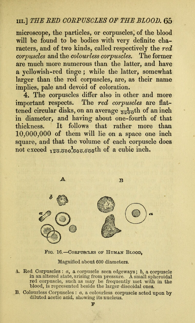 microscope, the particles, or corpuscles, of the blood will be found to be bodies with very definite cha- racters, and of two kinds, called respectively the red corpuscles and the colourless corpuscles. The former are much more numerous than the latter, and have a yellowish-red tinge; while the latter, somewhat larger than the red corpuscles, are, as their name implies, pale and devoid of coloration. 4. The corpuscles differ also in other and more important respects. The red corpuscles are flat- tened circular disks, on an average ^2ootn of an inch in diameter, and having about one-fourth of that thickness. It follows that rather more than 10,000,000 of them will lie on a space one inch square, and that the volume of each corpuscle does not exceed i2^,oflofeoo,ooath of a cubic inch. h.. Red Corpuscles : a, a corpuscle seen edgeways; 5, a corpuscle in an altered state, arising from pressure. A small spheroidal red corpuscle, such as may be frequently met with in the blood, is represented beside the larger discoidal ones. B. Colourless Corpuscles : a, a colourless corpuscle acted upon by diluted acetic acid, showing its nucleus. A Fig. 16.—Corpuscles of Human Blood, Magnified about 600 diameters.