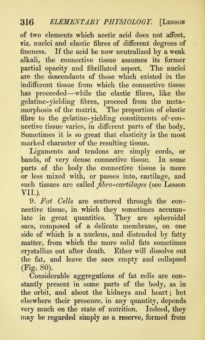 of two elements which acetic acid does not affect, viz. nuclei and elastic fibres of different degrees of fineness. If the acid be now neutralized by a weak alkali, the connective tissue assumes its former partial opacity and fibrillated aspect. The nuclei are the descendants of those which existed in the indifferent tissue from which the connective tissue has proceeded—while the elastic fibres, like the gelatine-yielding fibres, proceed from the meta- morphosis of the matrix. The proportion of elastic fibre to the gelatine-yielding constituents of'con- nective tissue varies, in different parts of the body. Sometimes it is so great that elasticity is the most marked character of the resulting tissue. Ligaments and tendons are simply cords, or bands, of very dense connective tissue. In some parts of the body the connective tissue is more or less mixed with, or passes into, cartilage, and such tissues are called Jihro-cartilages (see Lesson VII.). 9. Fat Cells are scattered through the con- nective tissue, in which they sometimes accumu- late in great quantities. They are spheroidal sacs, composed of a delicate membrane, on one side of which is a nucleus, and distended by fatty matter, from which the more solid fats sometimes crystallize out after death. Ether will dissolve out the fat, and leave the sacs empty and collapsed (Fig. 80). Considerable aggregations of fat cells are con- stantly present in some parts of the body, as in the orbit, and about the kidneys and heart; but elsewhere their presence, in any quantity, depends very much on the state of nutrition. Indeed, they may be regarded simply as a reserve, formed from