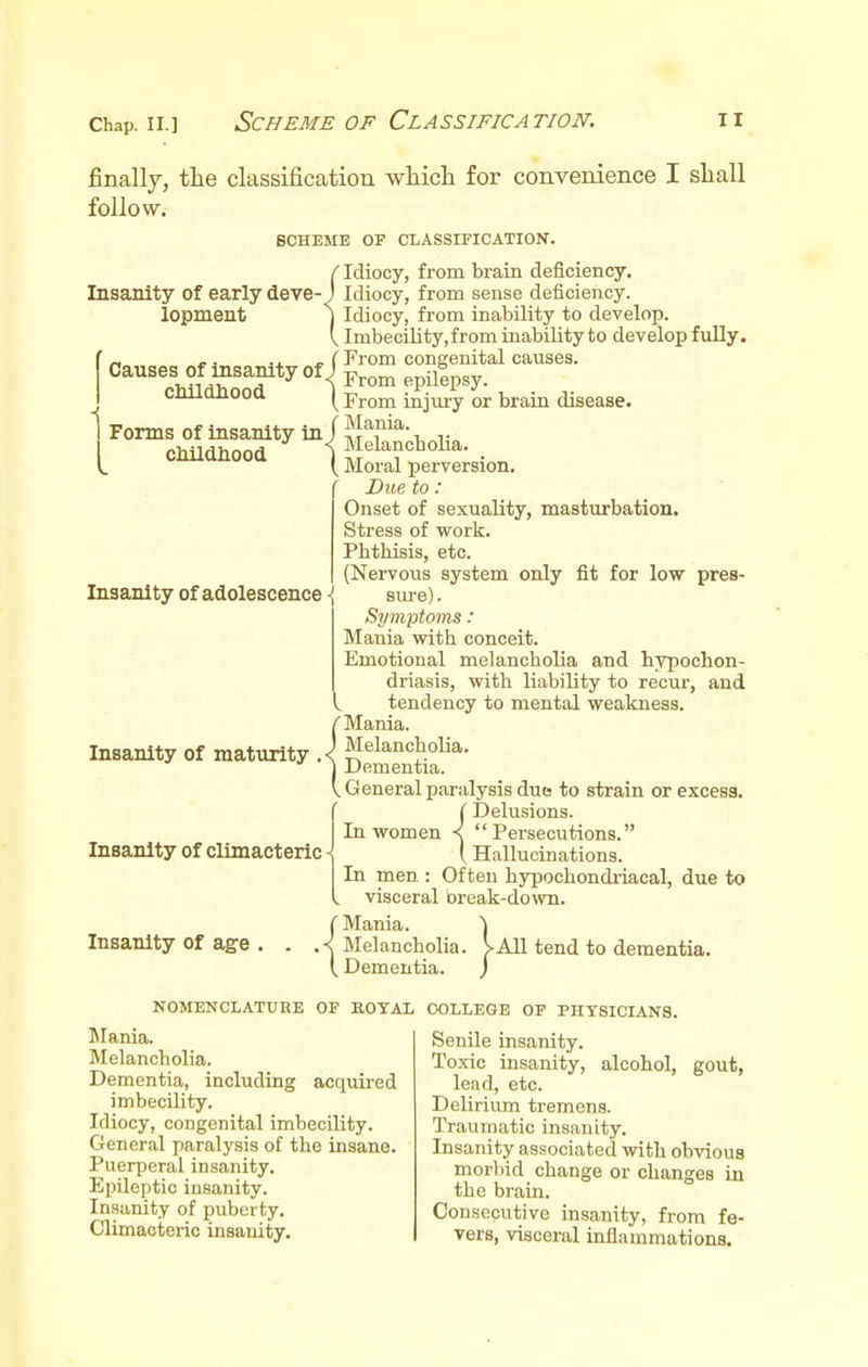 finally, the classification which for convenience I follow. shall SCHEME OF CLASSIFICATION. Insanity of early deve-< lopment Causes of insanity of „ childhood Forms of insanity in< childhood Insanity of adolescence Insanity of maturity . < Insanity of climacteric Idiocy, from brain deficiency. Idiocy, from sense deficiency. Idiocy, from inability to develop. Imbecility,from inability to develop fully. From congenital causes. From epilepsy. From injury or brain disease. Mania. Melancholia. Moral perversion. Due to: Onset of sexuality, masturbation. Stress of work. Phthisis, etc. (Nervous system only fit for low pres- sure) . Symptoms: Mania with conceit. Emotional melancholia and hypochon- driasis, with liability to recur, and tendency to mental weakness. Mania. Melancholia. Dementia. General paralysis due to strain or excess. ( Delusions. In women < Persecutions. { Hallucinations. In men : Often hypochondriacal, due to visceral break-down. Insanity of age C Mania. .< Melancholia. I Dementia. All tend to dementia. NOMENCLATURE OF ROYAL Mania. Melancholia. Dementia, including acquired imbecility. Idiocy, congenital imbecility. General paralysis of the insane. Puerperal insanity. Epileptic insanity. Insanity of puberty. Climacteric insanity. COLLEGE OF PHYSICIANS. Senile insanity. Toxic insanity, alcohol, gout, lead, etc. Delirium tremens. Traumatic insanity. Insanity associated with obvious morbid change or changes in the brain. Consecutive insanity, from fe- vers, visceral inflammations.