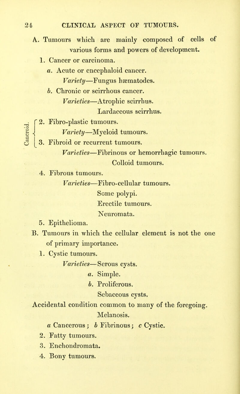 A. Tumours which are mainly composed of cells of various forms and powers of development. 1. Cancer or carcinoma. a. Acute or encephaloid cancer. Variety—Fungus hsematodes. h. Chronic or scirrhous cancer. Varieties—Atrophic scirrhus. Lardaceous scirrhus.  2. Fibro-plastic tumours. \ Variety—Myeloid tumours. 3. Fibroid or recurrent tumours. Varieties—Fibrinous or hemorrhagic tumours. Colloid tumours. 4. Fibrous tumours. Varieties—Fibro-cellular tumours. Some polypi. Erectile tumours. Neuromata. 5. Epithelioma. B. Tumours in which the cellular element is not the one of primary importance. 1. Cystic tumours. Varieties—Serous cysts. a. Simple. b. Proliferous. Sebaceous cysts. Accidental condition common to many of the foregoing. Melanosis. a Cancerous ; b Fibrinous; c Cystic. 2. Fatty tumours. 3. Enchondromata. 4. Bony tumours.