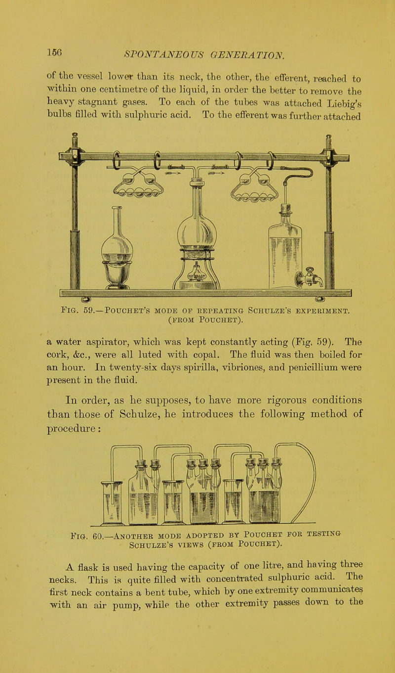 of the vessel lower than its neck, the other, the efferent, reached to within one centimetre of the liquid, in order the better to remove the heavy stagnant gases. To each of the tubes was attached Liebig's bulbs 611ed with sulphuric acid. To the efferent was further attached Fig. 59.—Pouchet's mode op eepeating Schulzes experiment. (from Pouchet). a water aspirator, which was kept constantly acting (Fig. 59). The cork, &c., were all luted with copal. The fluid was then boiled for an hour. In twenty-six days spirilla, vibriones, and penicillium were present in the fluid. In order, as he supposes, to have more rigorous conditions than those of Schulze, he introduces the following method of procedure: Yio,. 60.—Another mode adopted by Pouchet foe testing Schulze's views (from Pouchet). A flask is used having the capacity of one litre, and having three necks. This is quite filled with concenti-ated sulphuric acid. The first neck contains a bent tube, which by one extremity communicates with an air pump, while the other extremity passes down to the