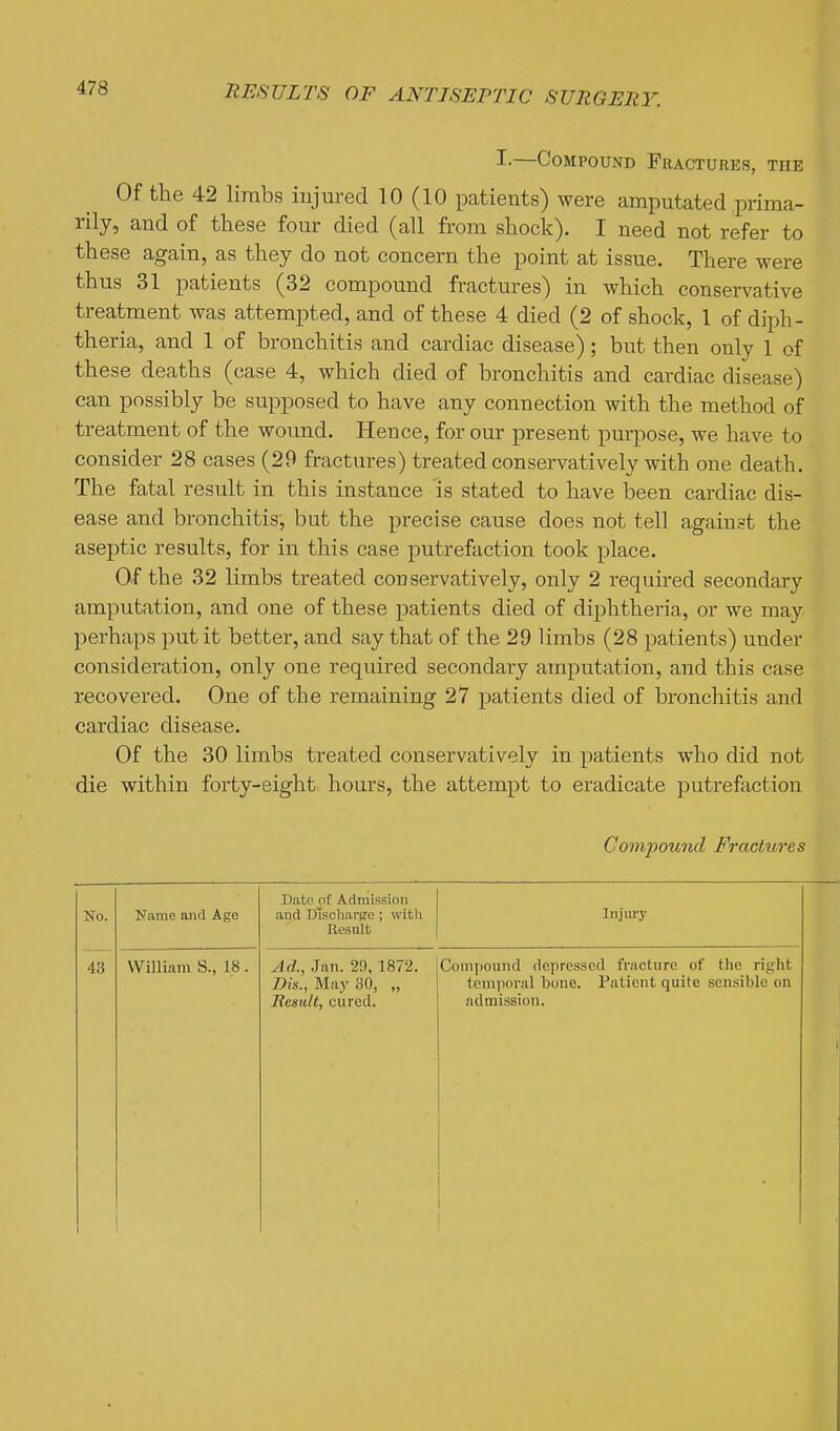 I.—Compound Fractures, the Of the 42 limbs injured 10 (10 patients) were amputated prima- rily, and of these four died (all from shock). I need not refer to these again, as they do not concern the point at issue. There were thus 31 patients (32 compound fractures) in which conservative treatment was attempted, and of these 4 died (2 of shock, 1 of diph- theria, and 1 of bronchitis and cardiac disease); but then only 1 of these deaths (case 4, which died of bronchitis and cardiac disease) can possibly be supposed to have any connection with the method of treatment of the wound. Hence, for our present iDurpose, we have to consider 28 cases (29 fractures) treated conservatively with one death. The fatal result in this instance is stated to have been cardiac dis- ease and bronchitis, but the precise cause does not tell against the aseptic results, for in this case putrefaction took place. Of the 32 limbs treated con servatively, only 2 required secondary- amputation, and one of these patients died of diphtheria, or we may perhaps put it better, and say that of the 29 limbs (28 patients) under consideration, only one required secondary amputation, and this case recovered. One of the remaining 27 patients died of bronchitis and cardiac disease. Of the 30 limbs treated conservatively in patients who did not die within forty-eight hours, the attempt to eradicate putrefaction Coinjjouiid Fractures No. 43 Name and Age William S., 18. Date of Admission and Discliarpe; witli Result Ad., Jan. 2!), 1872. Dis., May 30, „ Eesult, cured. Coiniiound depressed fracture of the right teiniioral bone. Patient quite sensible on admission.