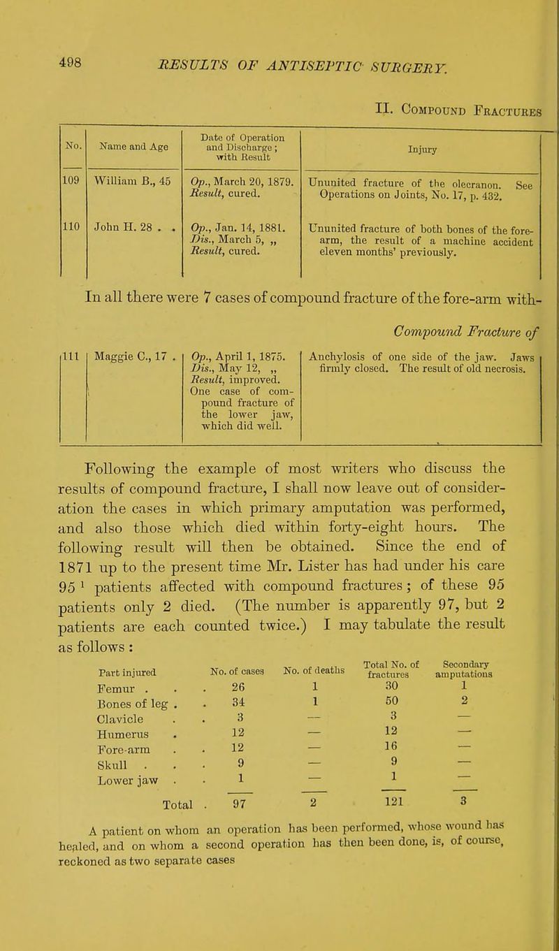 II. Compound Fractures No. Name and Age Date of Operation and Discharge; with Result Injury 109 William B., 45 Op., March 20, 1879. Result, cured. Ununited fracture of the olecranon. See Operations on Joints, No. 17, p. 432. 110 John H. 28 . . Op., Jan. 14, 1881. -Dis., March 5, „ Result, cured. Ununited fracture of both bones of the fore- arm, the result of a machine accident eleven months' previously. In all there were 7 cases of compound fracture of the fore-arm with- in Maggie C, 17 Op., April 1, 1875. JJis., May 12, „ Result, improved. One case of com- pound fracture of the lower jaw, which did well. Compound Fracture of Anchylosis of one side of the jaw. Jaws firmly closed. The result of old necrosis. Following the example of most writers who discuss the results of compound fracture, I shall now leave out of considei- ation the cases in which primary amputation was performed, and also those which died within forty-eight hours. The following result will then be obtained. Since the end of 1871 up to the present time Mr. Lister has had under his care 95 ^ patients affected with compound fractures; of these 95 patients only 2 died. (The number is apparently 97, but 2 patients are each counted twice.) I may tabulate the result as follows : Part Injured No. of cases Femur . 26 Bones of leg . 34 Clavicle 3 Humerus 12 Forearm 12 Skull . 9 Lower jaw I Total 97 No. of deaths 1 1 Total No. of fractures .30 50 3 12 16 9 1 121 Secondary amputations 1 2 A patient on whom an operation has been performed, whose wound has hefiled, and on whom a second operation has then been done, is, of course, reckoned as two separate cases