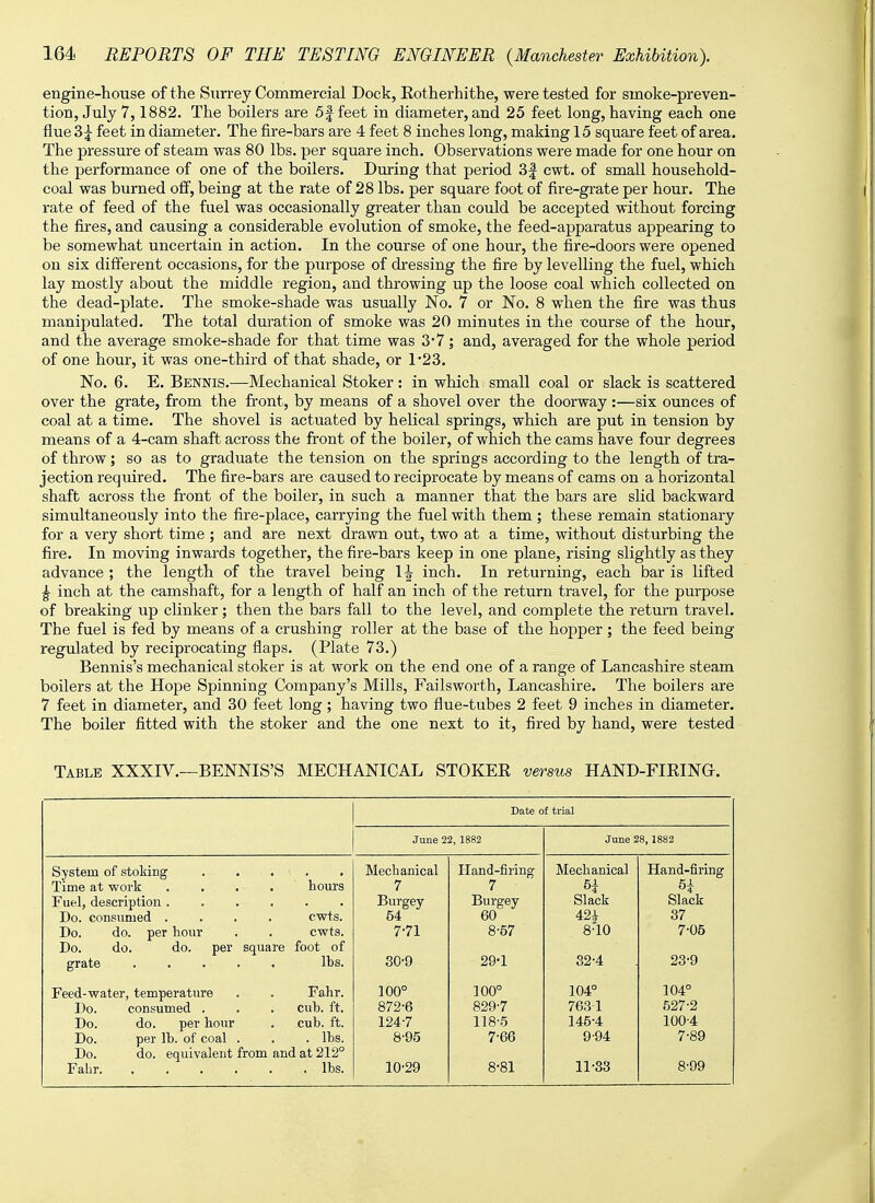engine-house of the Surrey Commercial Dock, Eotherhithe, were tested for smoke-preven- tion, July 7,1882. The boilers are 5f feet in diameter, and 25 feet long, having each one flue 3£ feet in diameter. The fire-bars are 4 feet 8 inches long, making 15 square feet of area. The pressure of steam was 80 lbs. per square inch. Observations were made for one hour on the performance of one of the boilers. During that period 3£ cwt. of small household- coal was burned off, being at the rate of 28 lbs. per square foot of fire-grate per hour. The rate of feed of the fuel was occasionally greater than could be accepted without forcing the fires, and causing a considerable evolution of smoke, the feed-apparatus appearing to be somewhat uncertain in action. In the course of one hour, the fire-doors were opened on six different occasions, for the purpose of dressing the fire by levelling the fuel, which lay mostly about the middle region, and throwing up the loose coal which collected on the dead-plate. The smoke-shade was usually No. 7 or No. 8 when the fire was thus manipulated. The total duration of smoke was 20 minutes in the course of the hour, and the average smoke-shade for that time was 3*7 ; and, averaged for the whole period of one hour, it was one-third of that shade, or 1*23. No. 6. E. Bennis.—-Mechanical Stoker: in which small coal or slack is scattered over the grate, from the front, by means of a shovel over the doorway :—six ounces of coal at a time. The shovel is actuated by helical springs, which are put in tension by means of a 4-cam shaft across the front of the boiler, of which the cams have four degrees of throw; so as to graduate the tension on the springs according to the length of tra- jection required. The fire-bars are caused to reciprocate by means of cams on a horizontal shaft across the front of the boiler, in such a manner that the bars are slid backward simultaneously into the fire-place, carrying the fuel with them; these remain stationary for a very short time ; and are next drawn out, two at a time, without disturbing the fire. In moving inwards together, the fire-bars keep in one plane, rising slightly as they advance ; the length of the travel being 1^ inch. In returning, each bar is lifted £ inch at the camshaft, for a length of half an inch of the return travel, for the purpose of breaking up clinker; then the bars fall to the level, and complete the return travel. The fuel is fed by means of a crushing roller at the base of the hopper ; the feed being regulated by reciprocating flaps. (Plate 73.) Bennis's mechanical stoker is at work on the end one of a range of Lancashire steam boilers at the Hope Spinning Company's Mills, Failsworth, Lancashire. The boilers are 7 feet in diameter, and 30 feet long; having two flue-tubes 2 feet 9 inches in diameter. The boiler fitted with the stoker and the one next to it, fired by hand, were tested Table XXXIV.—BENNIS'S MECHANICAL STOKER versus HAND-FIRING. Date of trial June 22, 1882 June 2 8,1882 System of stoking . . . - . Time at work .... hours Do. consumed .... cwts. Do. do. per hour . . cwts. Do. do. do. per square foot of grate . . . • . lbs. Mechanical 7 Burgey 54 7-71 30-9 Hand-firing 7 • Burgey 60 8-57 29-1 Mechanical H Slack 42^ 8-10 32-4 Hand-firing 6* Slack 37 7-05 23-9 Feed-water, temperature . . Fahr. Do. consumed . . . cub. ft. Do. do. per hour . cub. ft. Do. per lb. of coal . . . lbs. Do. do. equivalent from and at 212° Fahr * lbs. 100° 872-6 124-7 8-95 10-29 100° 829-7 118-5 7- 66 8- 81 104° 7631 145-4 994 11-33 104° 527-2 100-4 7- 89 8- 99