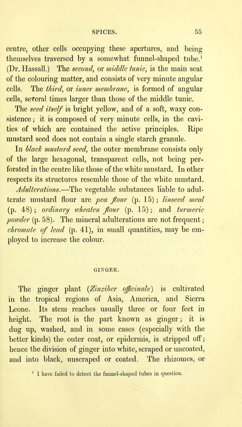 centre, other cells occupying these apertures, and being themselves traversed by a somewhat funnel-shaped tube.^ (Dr. Hassall.) The second, or middle tunic, is the main seat of the colouring matter, and consists of very minute angular cells. The third, or inner membrane, is formed of angular cells, several times larger than those of the middle tunic. The seed itself is bright yellow, and of a soft, waxy con- sistence ; it is composed of very minute cells, in the cavi- ties of which are contained the active principles. Ripe mustard seed does not contain a single starch granule. In hlach mustard seed, the outer membrane consists only of the large hexagonal, transparent cells, not being per- forated in the centre like those of the white mustard. In other respects its structures resemble those of the white mustard. Adulterations.—The vegetable substances liable to adul- terate mustard flour are pea flour (p. 15); linseed w£al (p. 48); ordinary wheaten flour (p. 15); and turmeric powder (p. 58). The mineral adulterations are not frequent; cliroynate of lead (p. 41), in small quantities, may be em- ployed to increase the colour. GINGER. The ginger plant (Zinziher oflicinale) is cultivated in the tropical regions of Asia, America, and Sierra Leone. Its stem reaches usually three or four feet in height. The root is the part known as ginger; it is dug up, washed, and in some cases (especially with the better kinds) the outer coat, or epidermis, is stripped off; hence the division of ginger into white, scraped or uncoated, and into black, unscraped or coated. The rhizomes, or ^ 1 have failed to detect the funnel-shaped tubes in question.