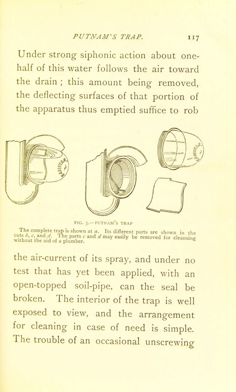 Under strong siphonic action about one- half of this water follows the air toward the drain ; this amount being removed, the deflecting surfaces of that portion of the apparatus thus emptied suffice to rob PIG. -Putnam's trap The complete trap is shown at a. Its different parts are shown in the cuts and//. The parts c and may easily be removed for cleansine without the aid of a plumber. ^ the air-current of its spray, and under no test that has yet been applied, with an open-topped soil-pipe, can the seal be broken. The interior of the trap is well exposed to view, and the arrangement for cleaning in case of need is simple. The trouble of an occasional unscrewing