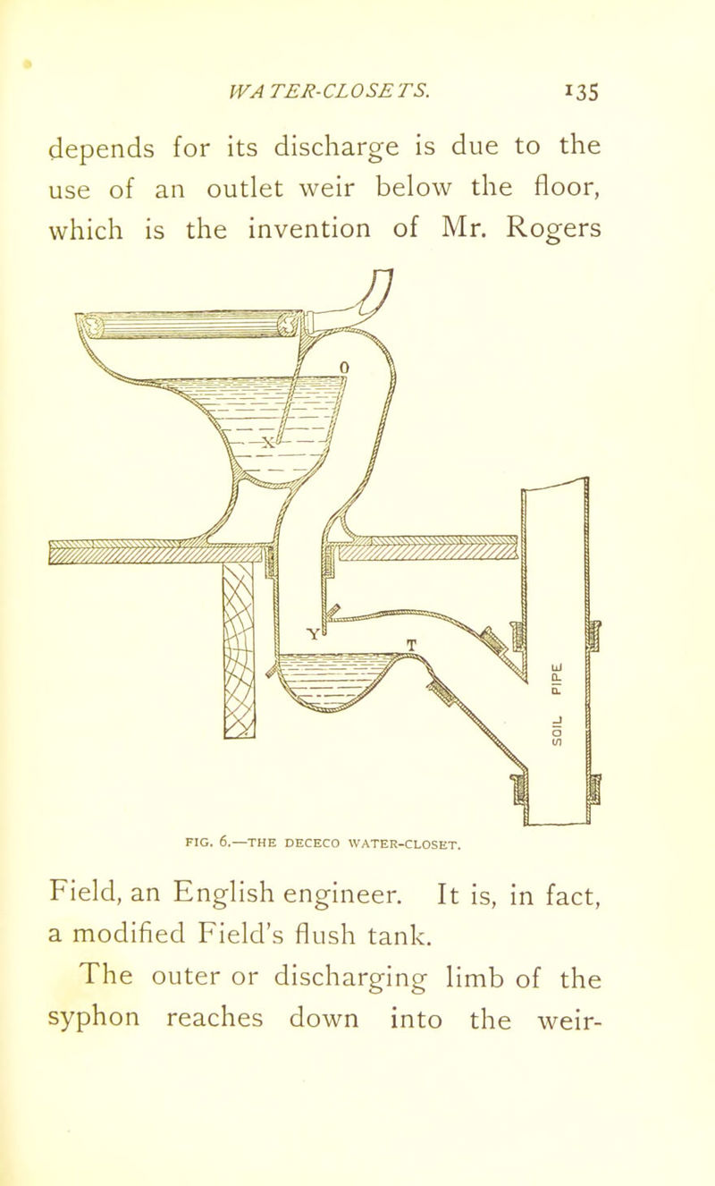 WATER-CLOSETS. 13S depends for its discharge is due to the use of an outlet weir below the floor, which is the invention of Mr. Rogers FIG. 6.—THE DECECO WATER-CLOSET. Field, an English engineer. It is, in fact, a modified Field's flush tank. The outer or discharging limb of the syphon reaches down into the weir-